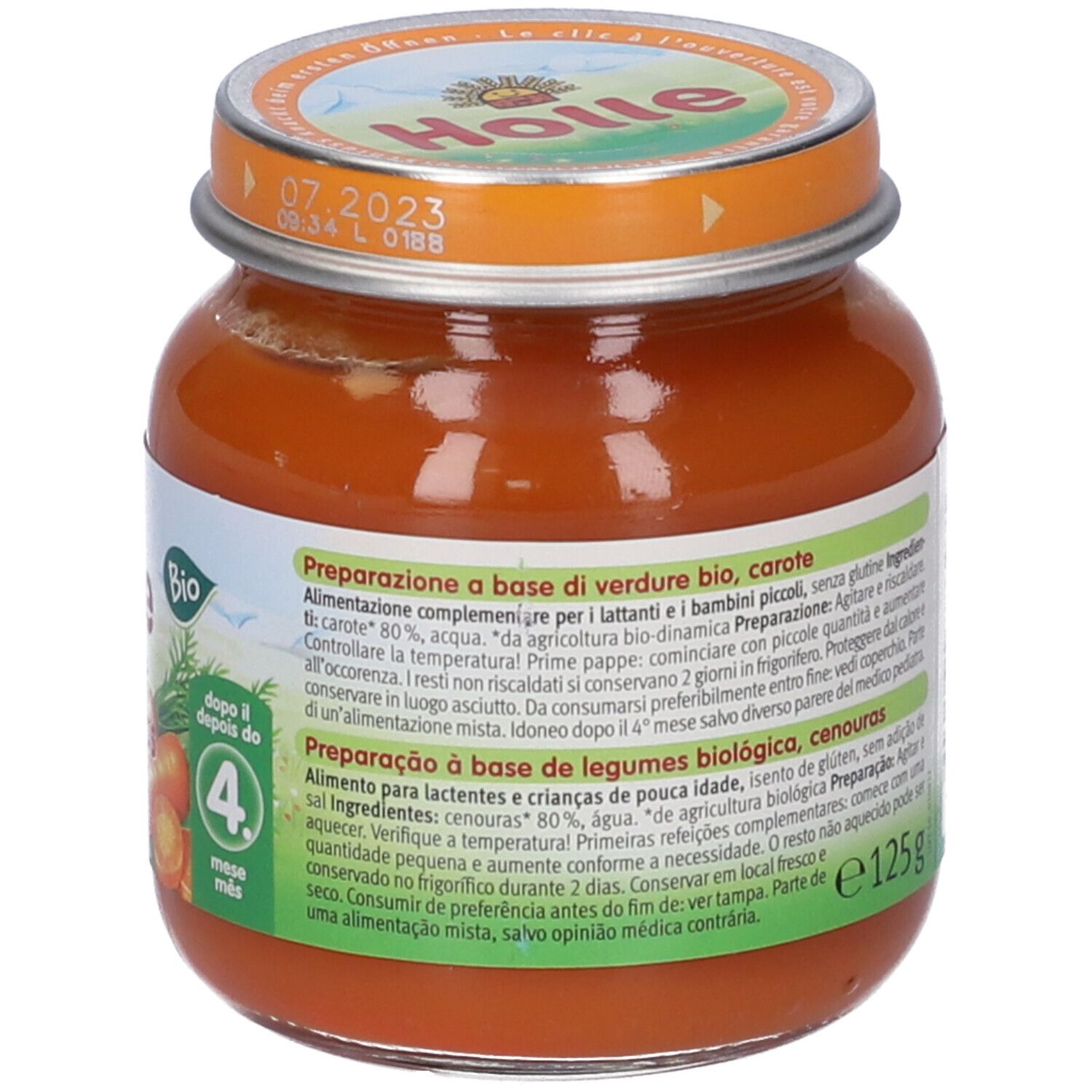 Retro di un vasetto di omogeneizzato di carote per bambini. Scritte: Holle, Carote, Cenouras. Sigillo Bio. Peso: 125 g. Istruzioni per la preparazione.