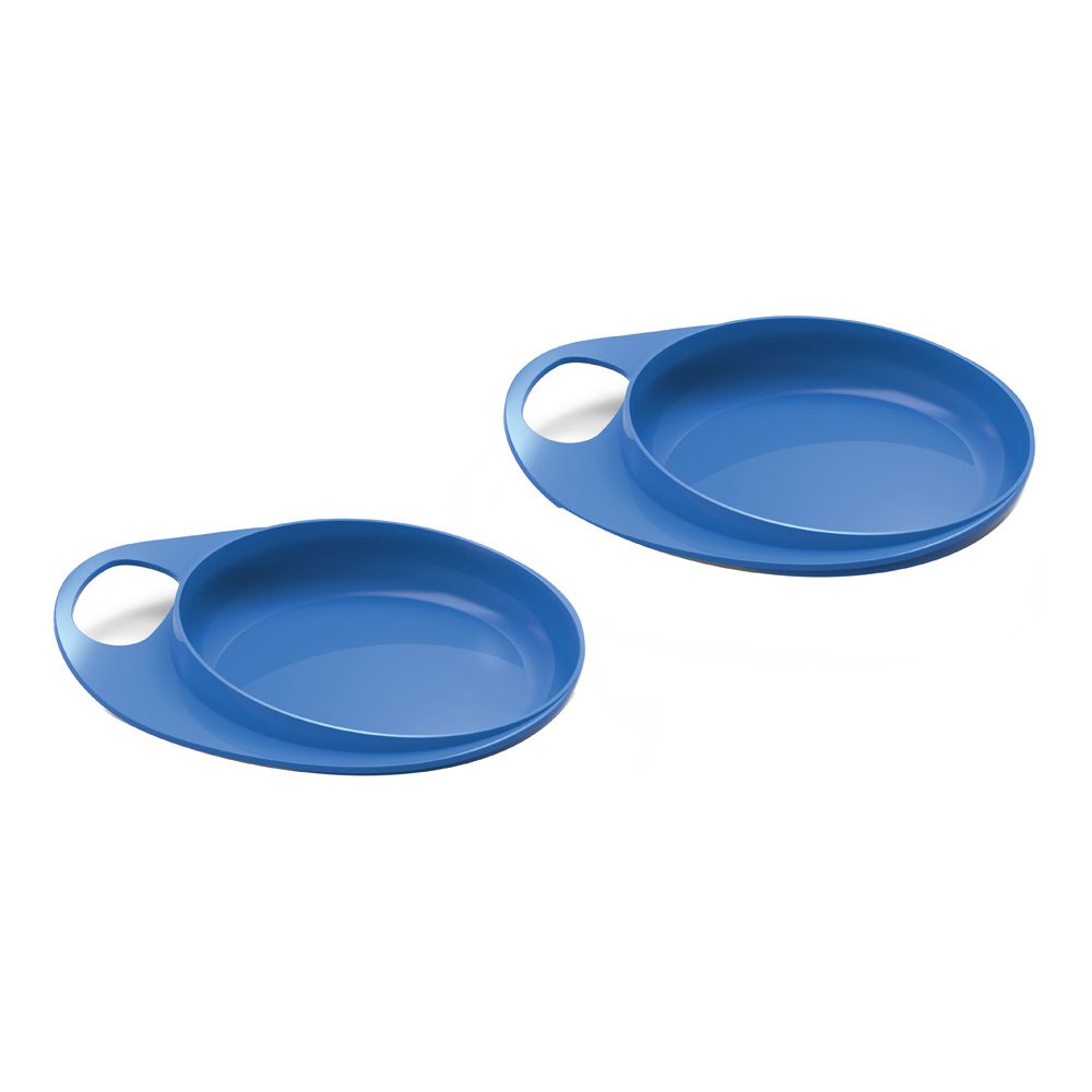 Due piatti blu con forma ovale e manico. I piatti sono in plastica.