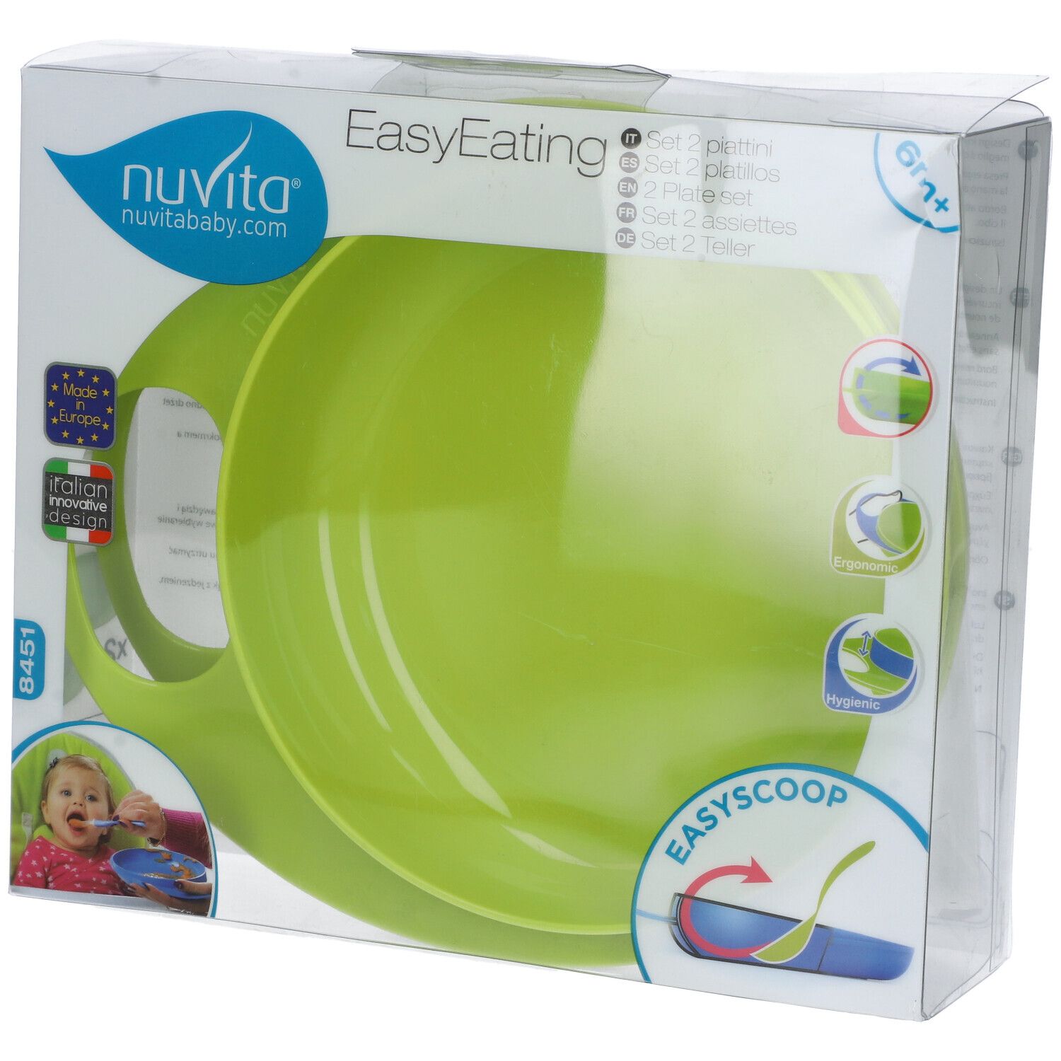 Confezione con piatto verde. Scritta EasyEating e Nuvita. Finestra trasparente.