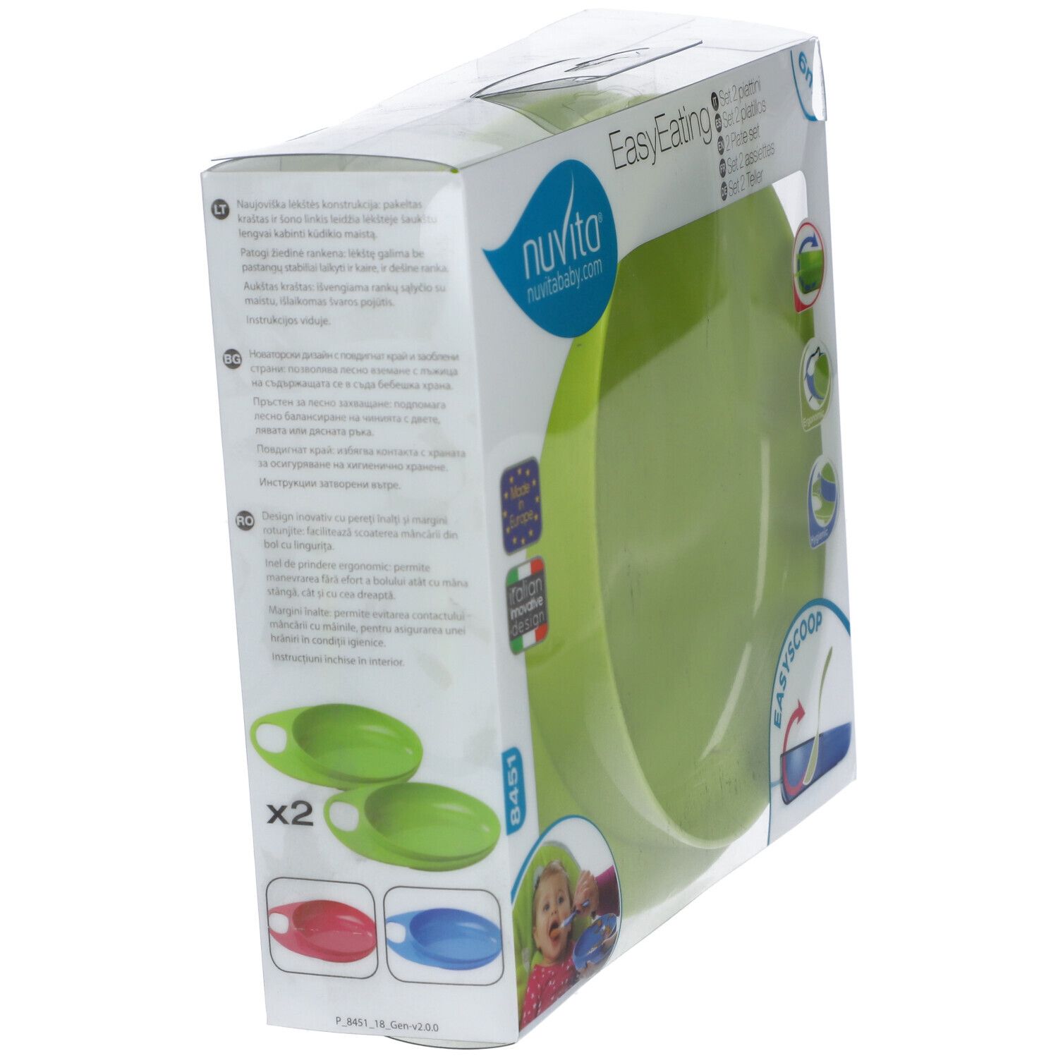 Confezione con piatto verde. Scritta EasyEating e Nuvita. Finestra trasparente.