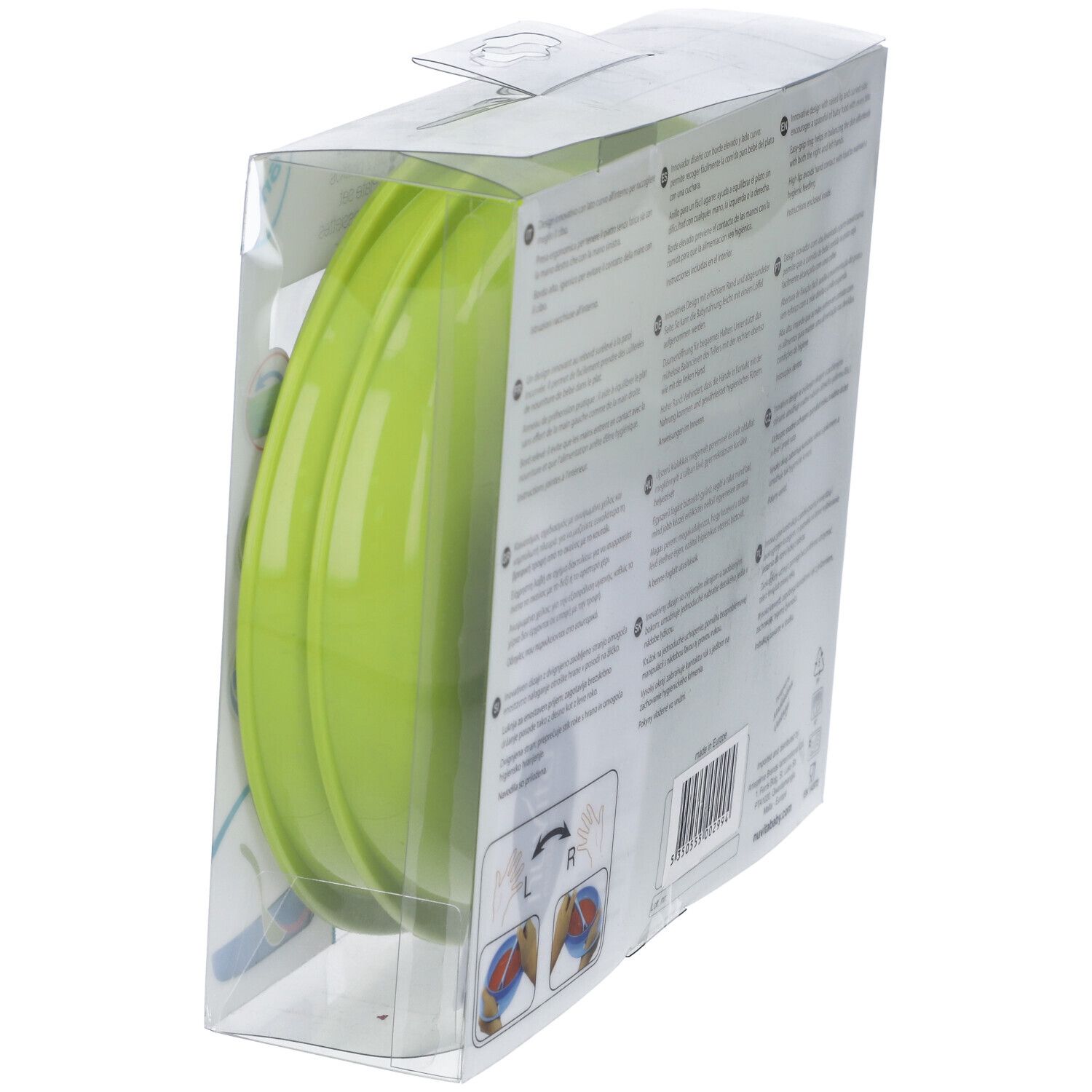 Confezione con piatto verde. Finestra trasparente. Scritta EasyEating e Nuvita.