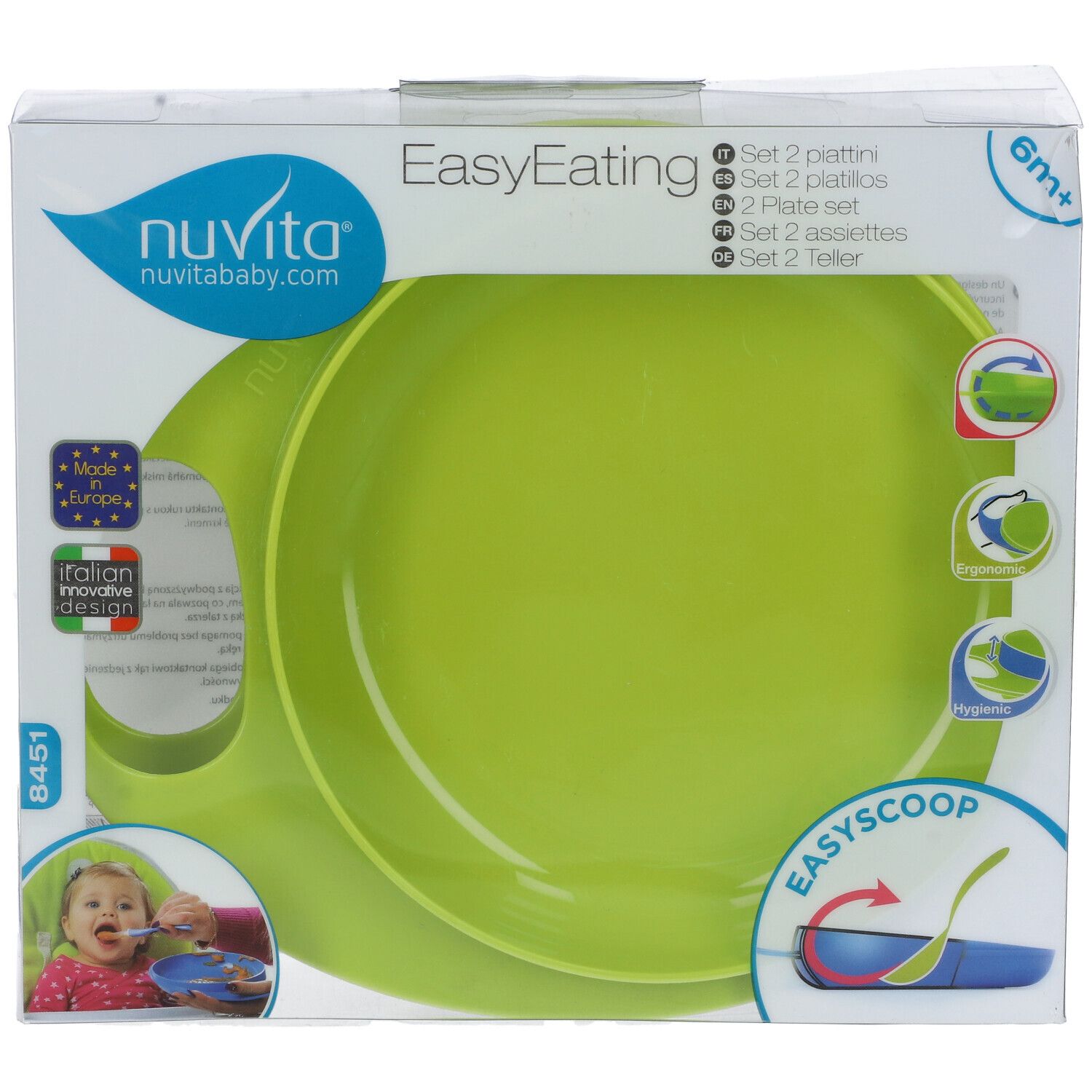 Confezione con piatto verde. Scritta EasyEating e Nuvita. Finestra trasparente.