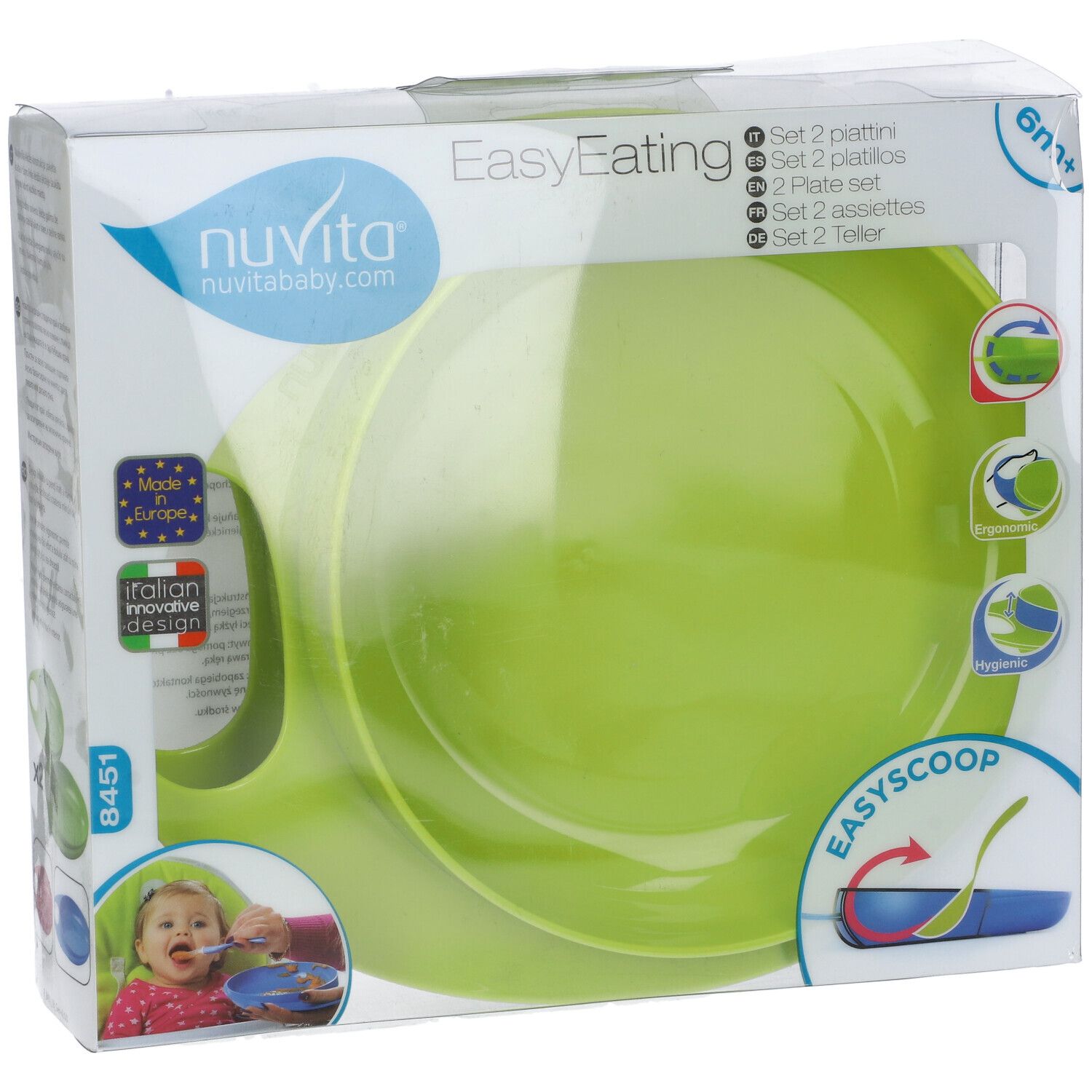 Confezione con piatto verde. Scritta EasyEating e Nuvita. Finestra trasparente.