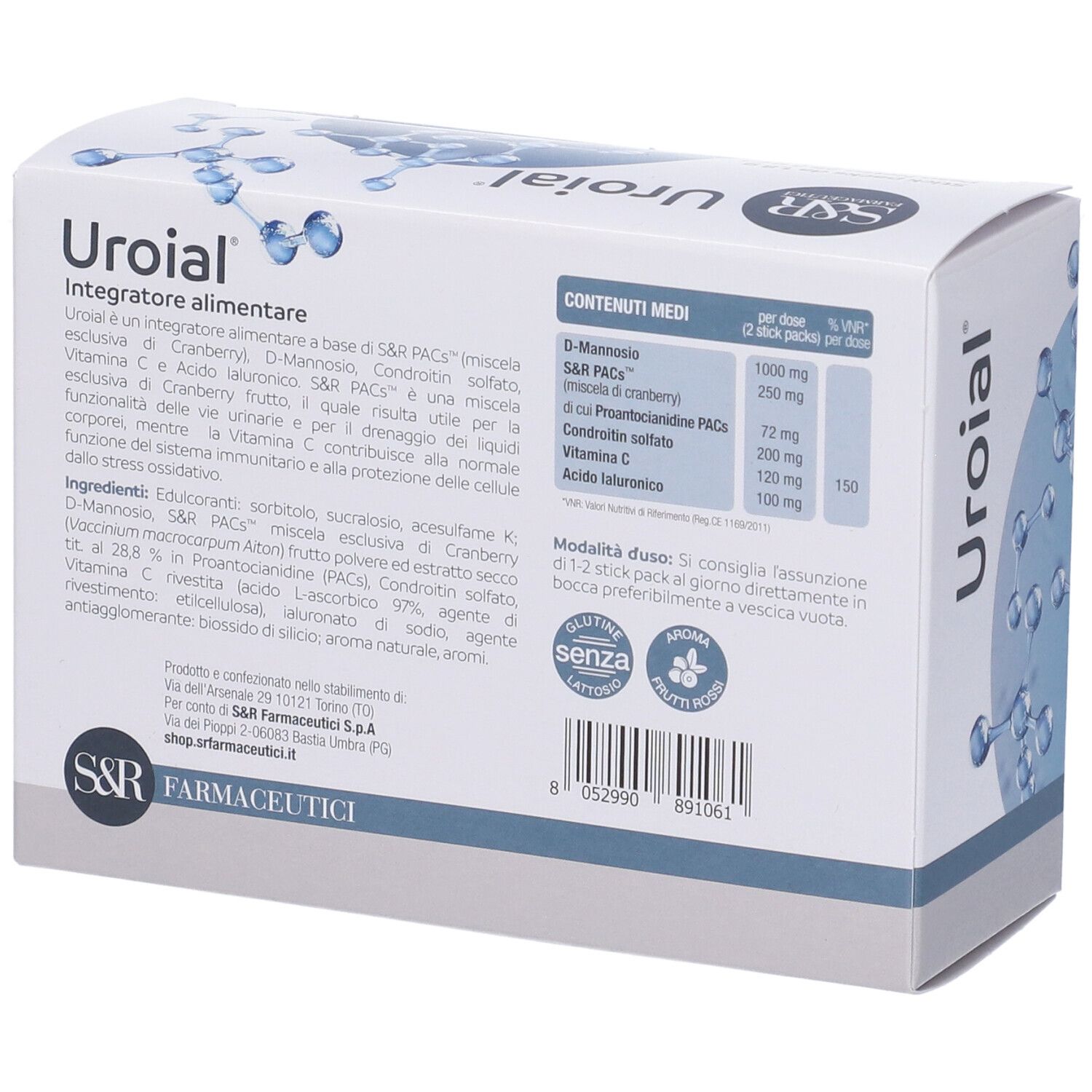 Retro della scatola Uroial Orosolubili. Elenco ingredienti, informazioni nutrizionali, sigillo senza glutine. Logo S&R Farmaceutici.