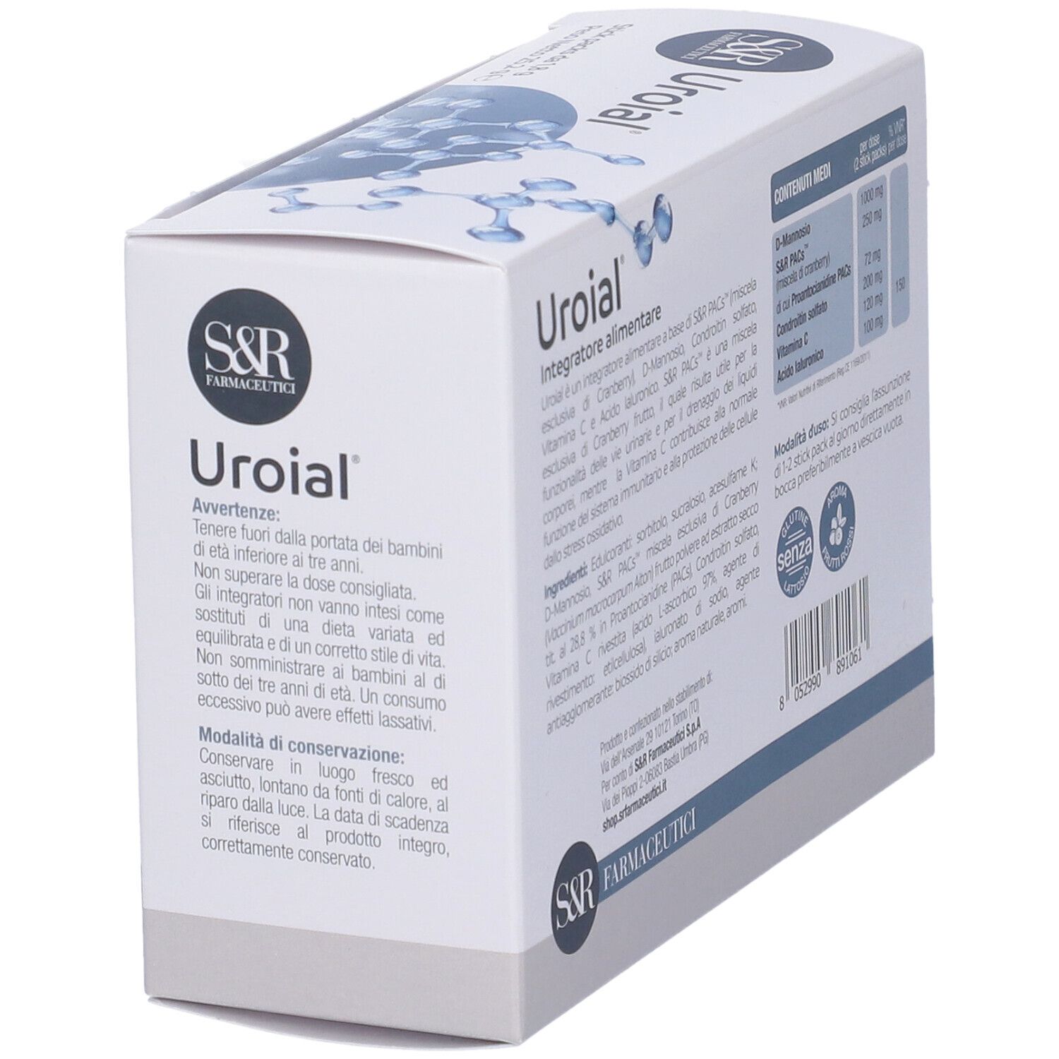 Lato della scatola Uroial Orosolubili. Avvertenze, istruzioni di conservazione. Logo S&R Farmaceutici.