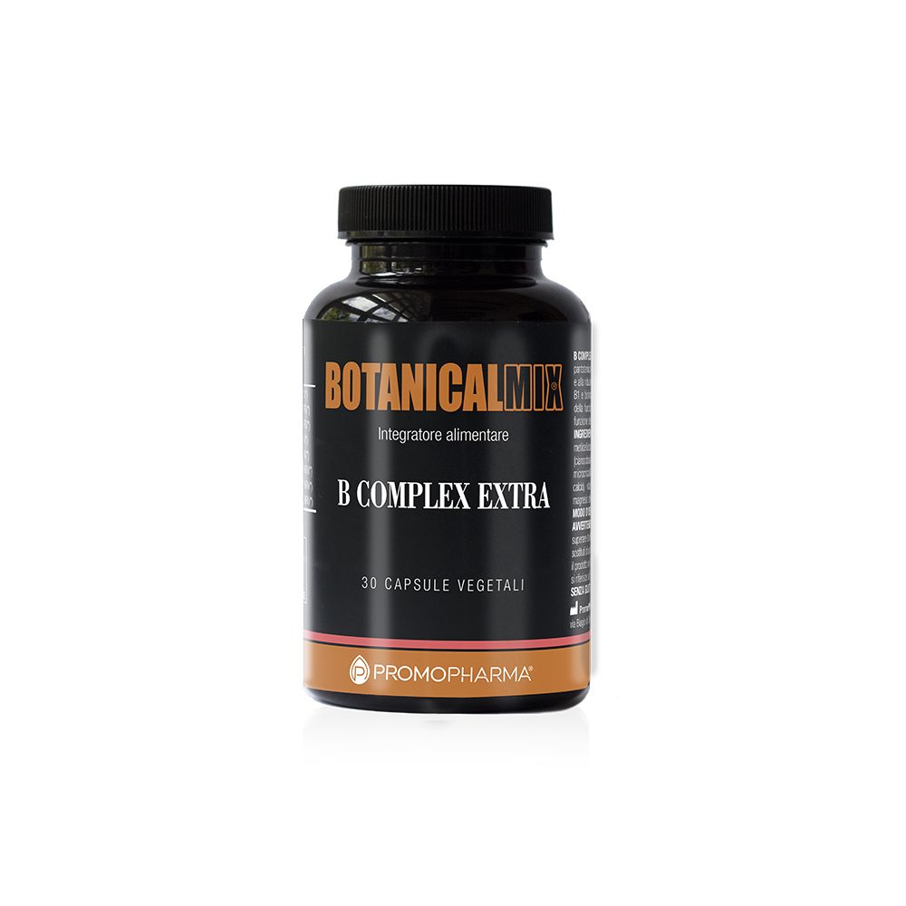 Flacone scuro con tappo nero. Scritta: Botanical Mix B Complex Extra. 30 capsule vegetali. Marchio: Promopharma.
