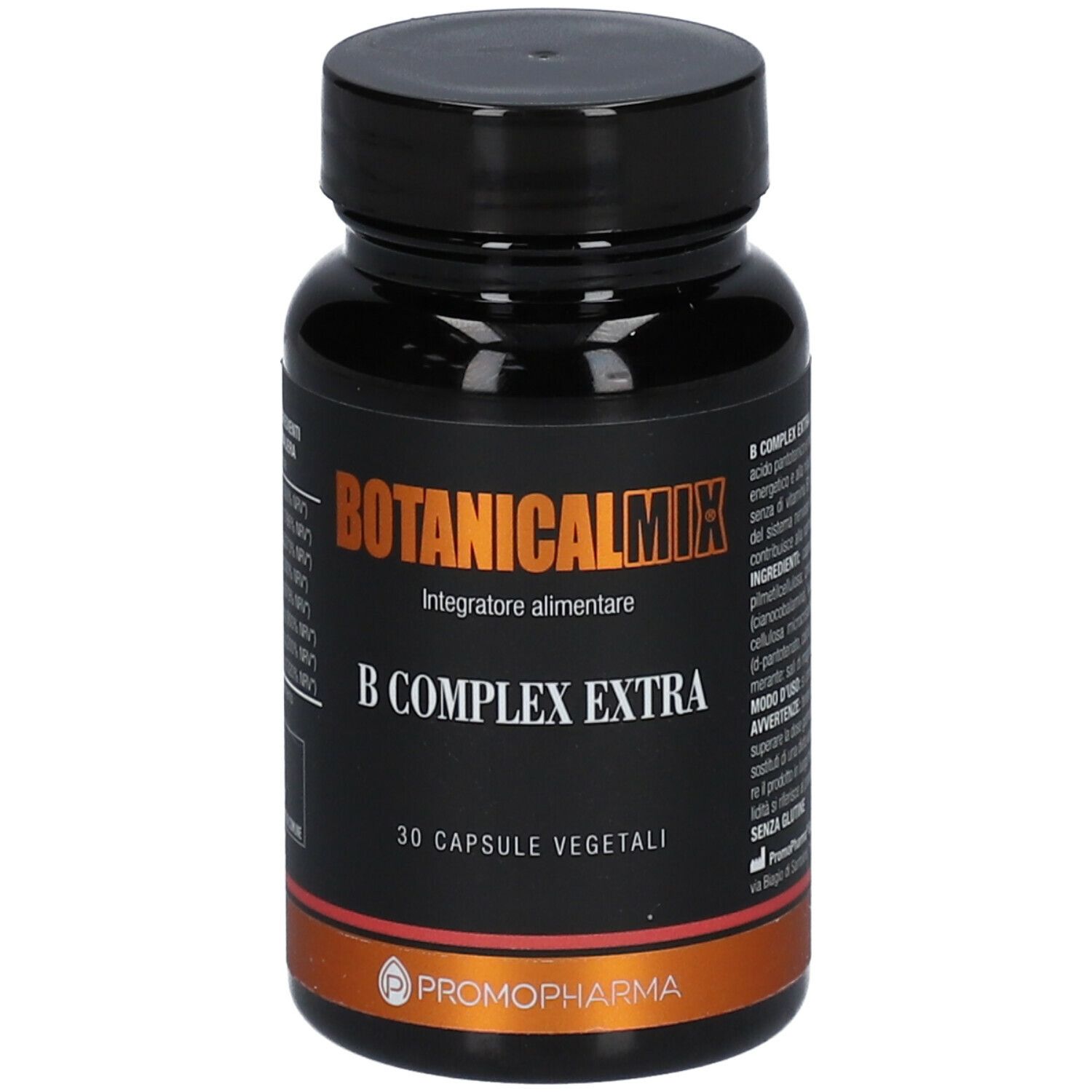 Flacone scuro con tappo nero. Scritta: Botanical Mix B Complex Extra. 30 capsule vegetali. Marchio: Promopharma.