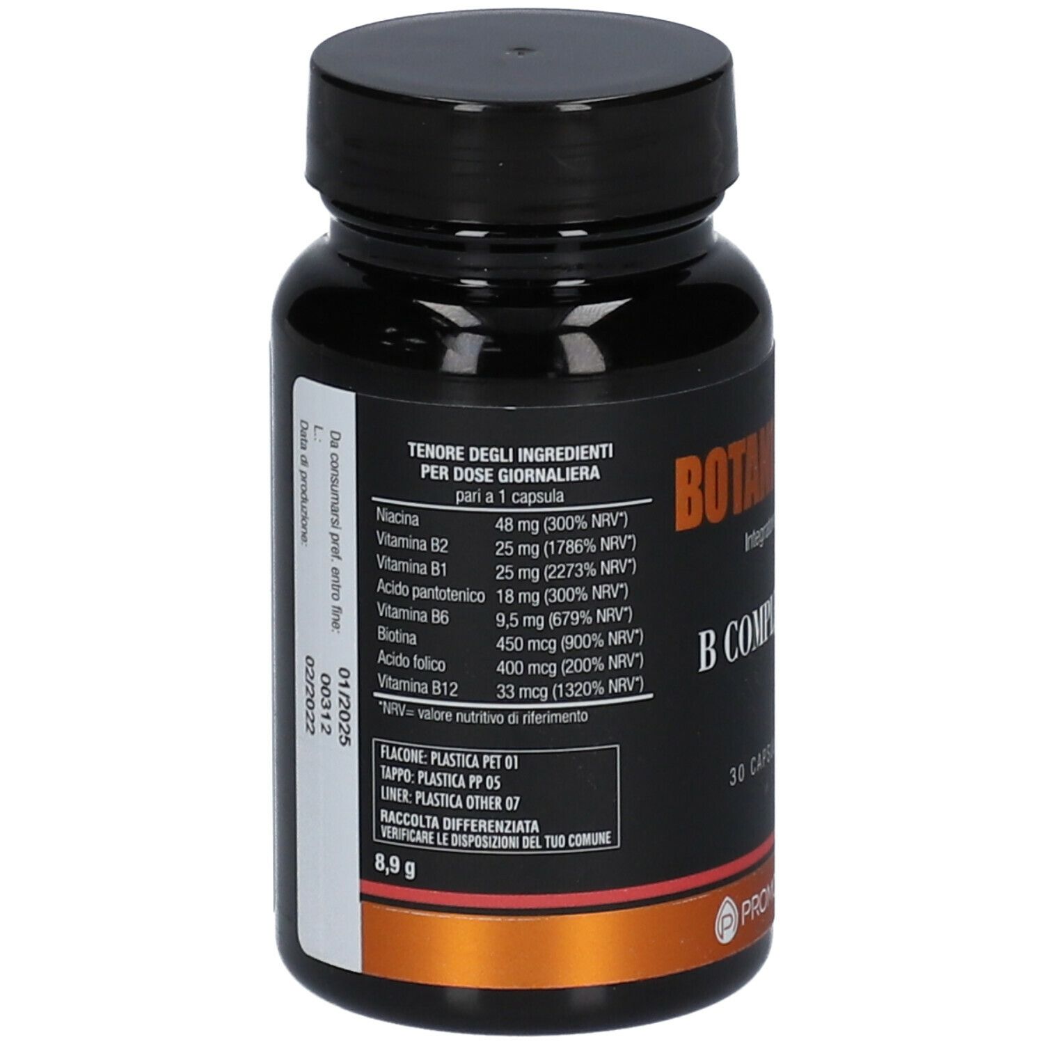 Flacone scuro con tappo nero. Scritta: Botanical Mix B Complex Extra. Elenco ingredienti e informazioni nutrizionali.