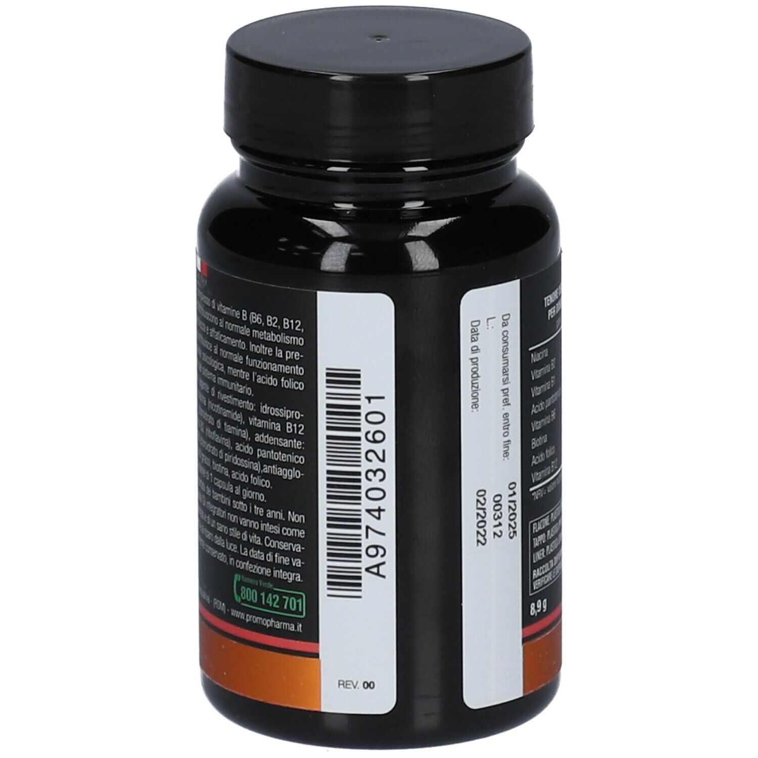 Flacone scuro con tappo nero. Scritta: Botanical Mix B Complex Extra. Retro con testo e codice a barre.