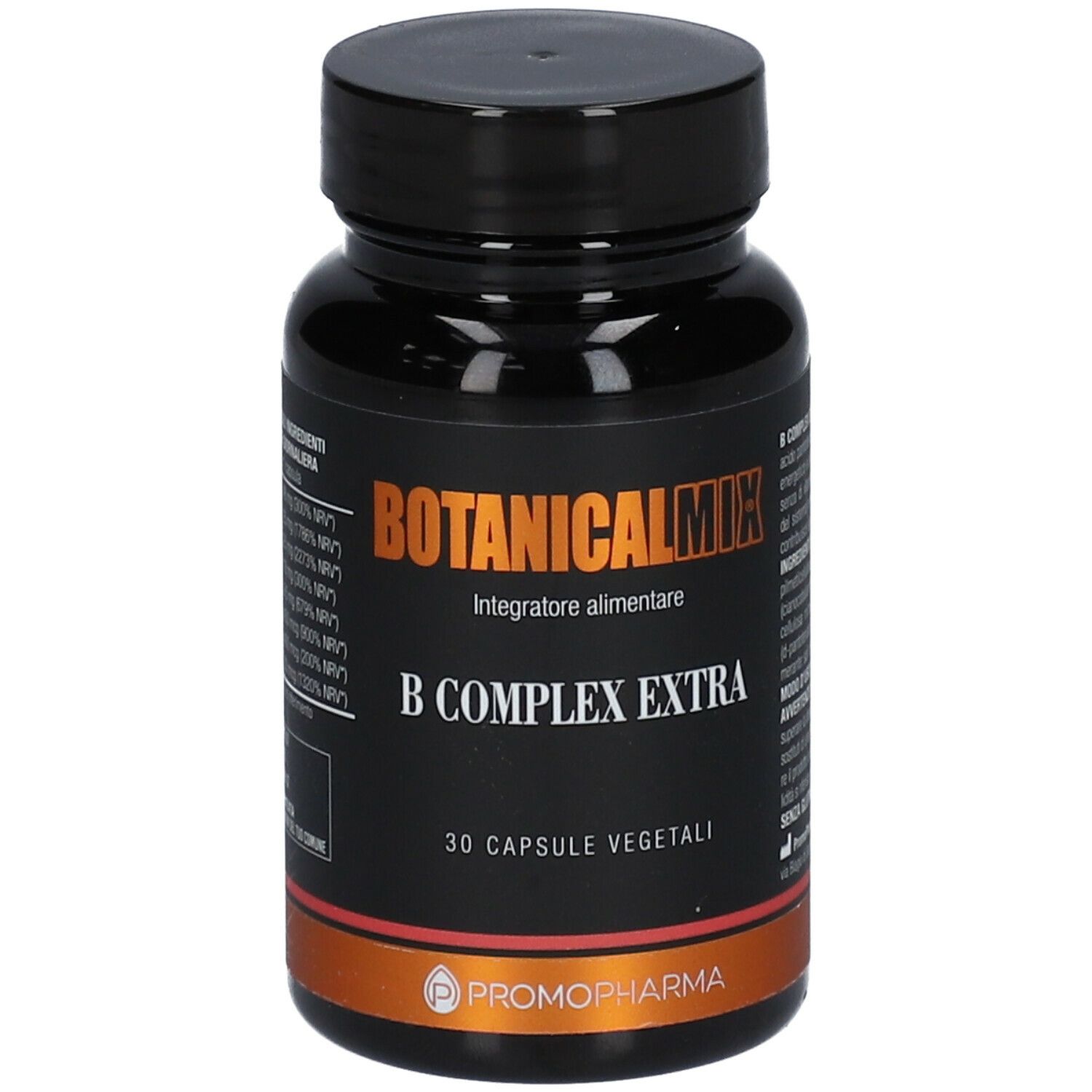 Flacone scuro con tappo nero. Scritta: Botanical Mix B Complex Extra. 30 capsule vegetali. Marchio: Promopharma.