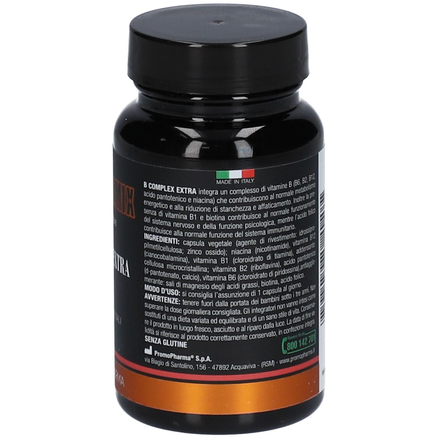 Flacone scuro con tappo nero. Scritta: Botanical Mix B Complex Extra. Elenco ingredienti e istruzioni per l'uso.