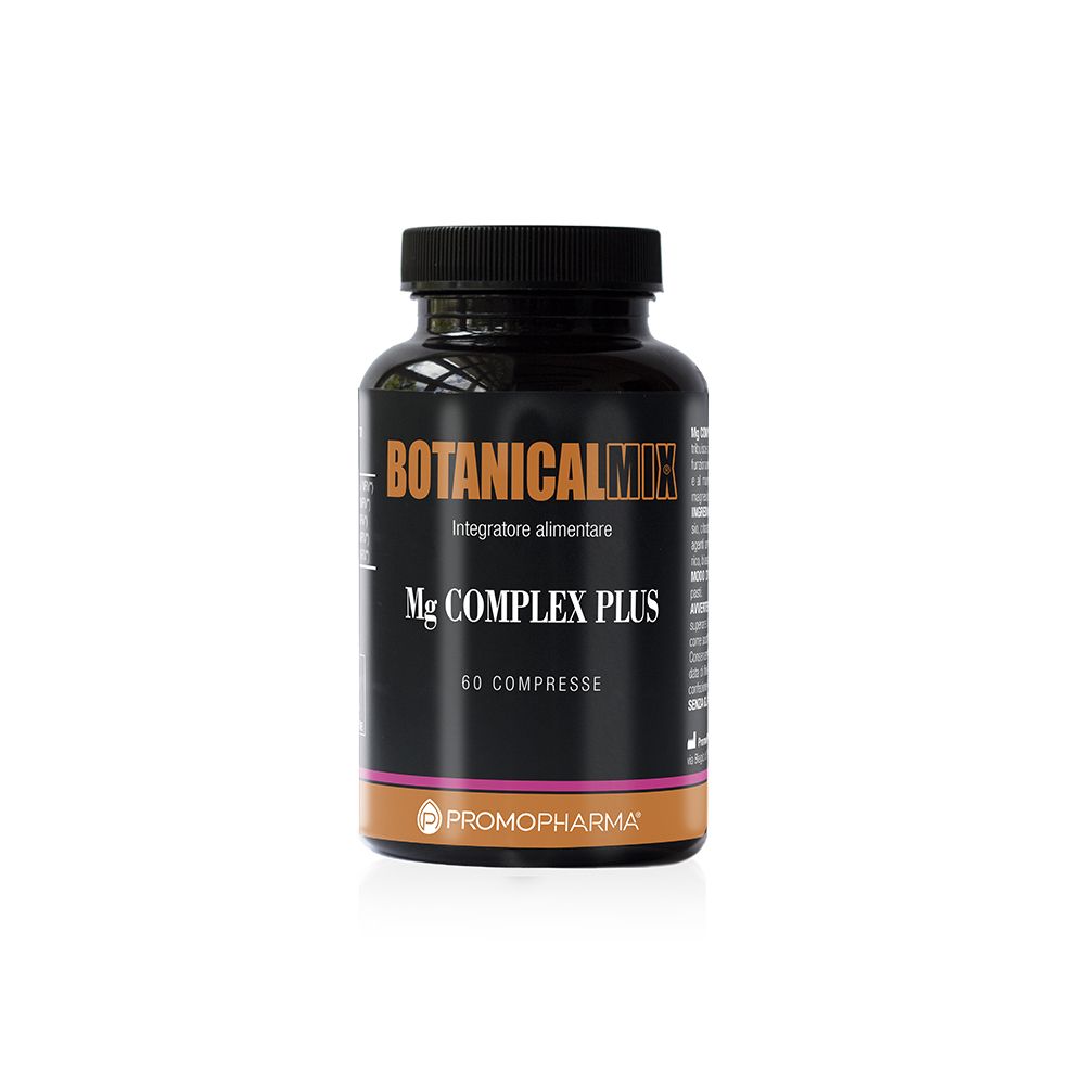 Flacone scuro con tappo nero. Scritta: Botanical Mix Mg Complex Plus, 60 compresse. Marchio Promopharma.