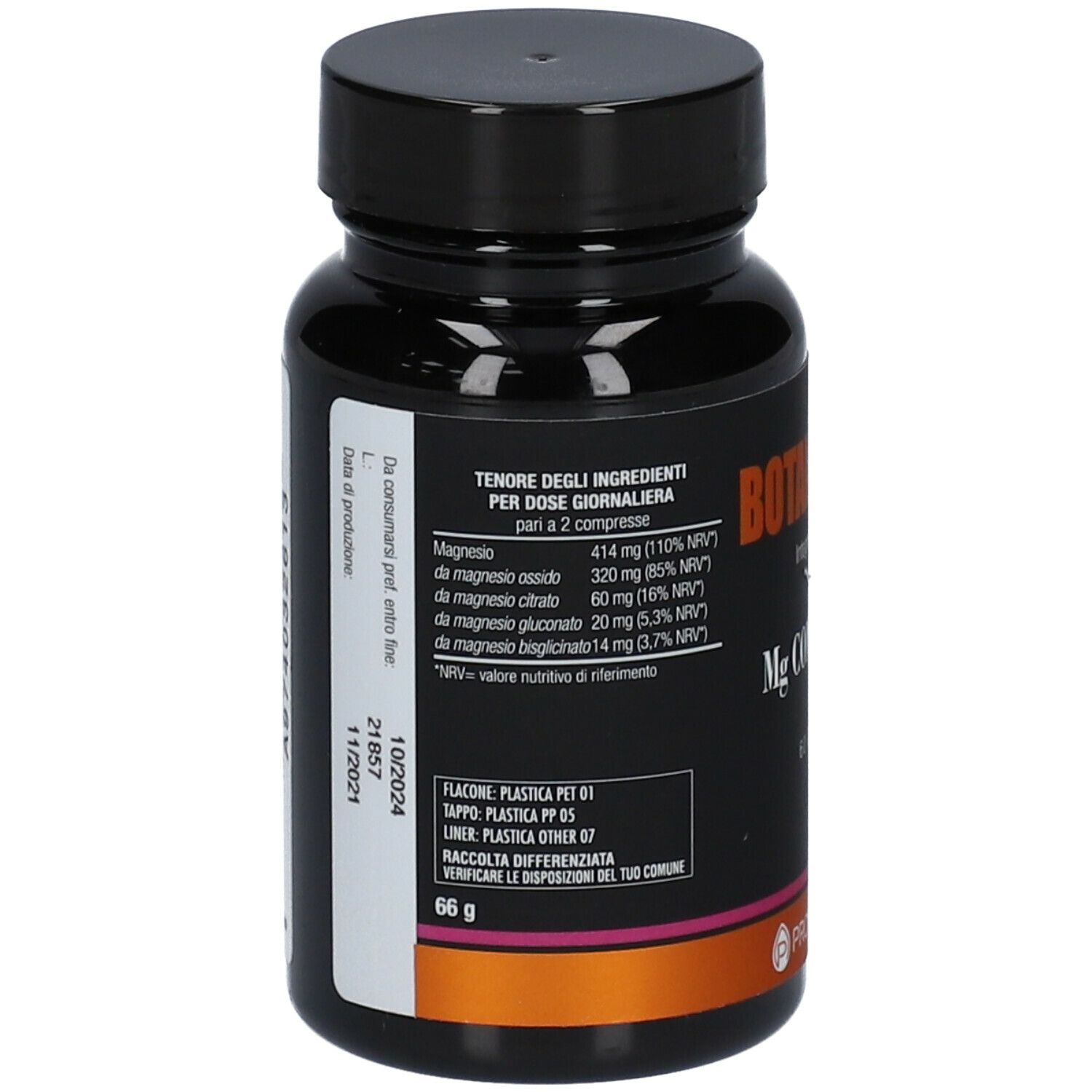 Flacone scuro con informazioni nutrizionali. Contiene magnesio. Peso: 66 g. Scadenza: 11/2024.