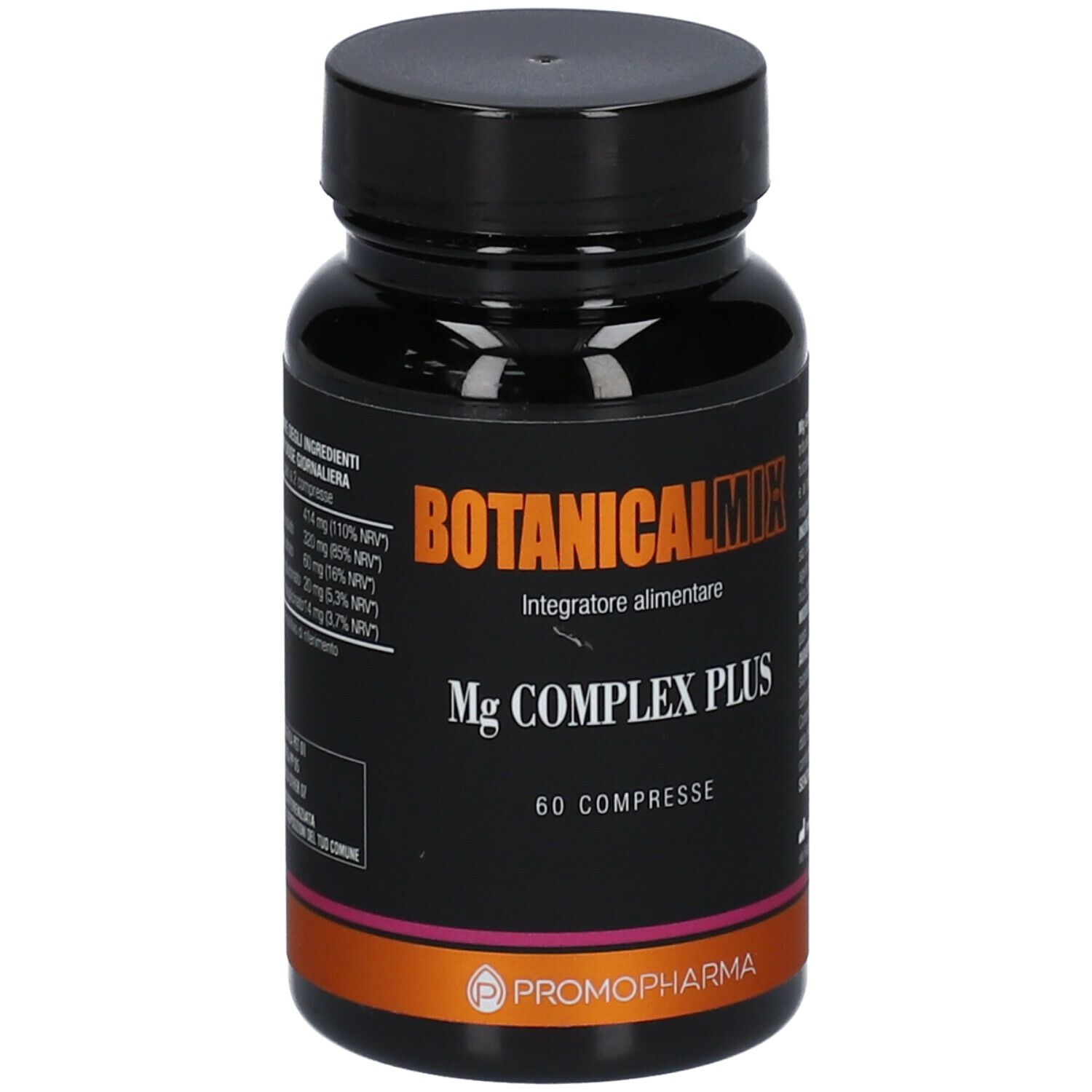 Flacone scuro con tappo nero. Scritta: Botanical Mix Mg Complex Plus, 60 compresse. Marchio Promopharma.
