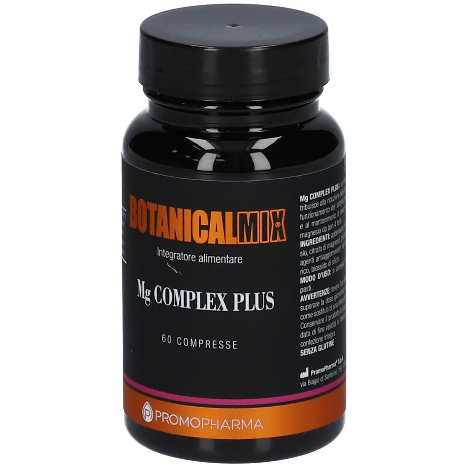 Flacone scuro con tappo nero. Scritta: Botanical Mix Mg Complex Plus, 60 compresse. Marchio Promopharma.