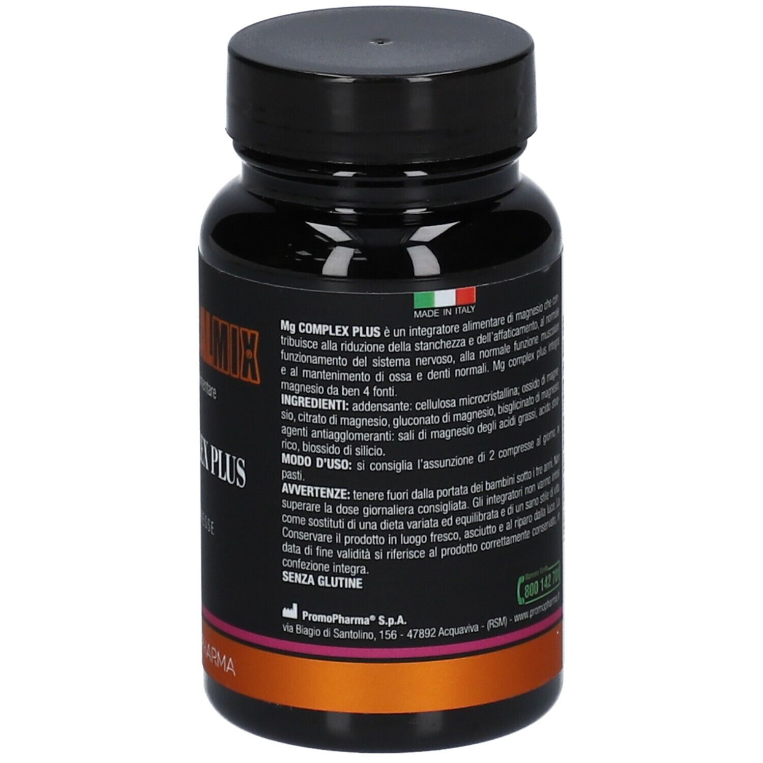 Retro di un flacone scuro. Testo con ingredienti e istruzioni per l'uso. Contiene 'senza glutine'.