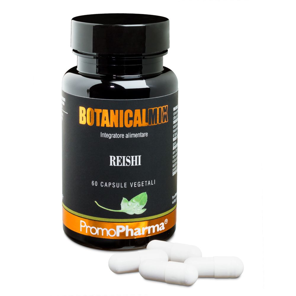 Flacone nero con capsule. Scritta: Botanical Mix Reishi, 60 capsule vegetali. Marca: PromoPharma. Capsule bianche.