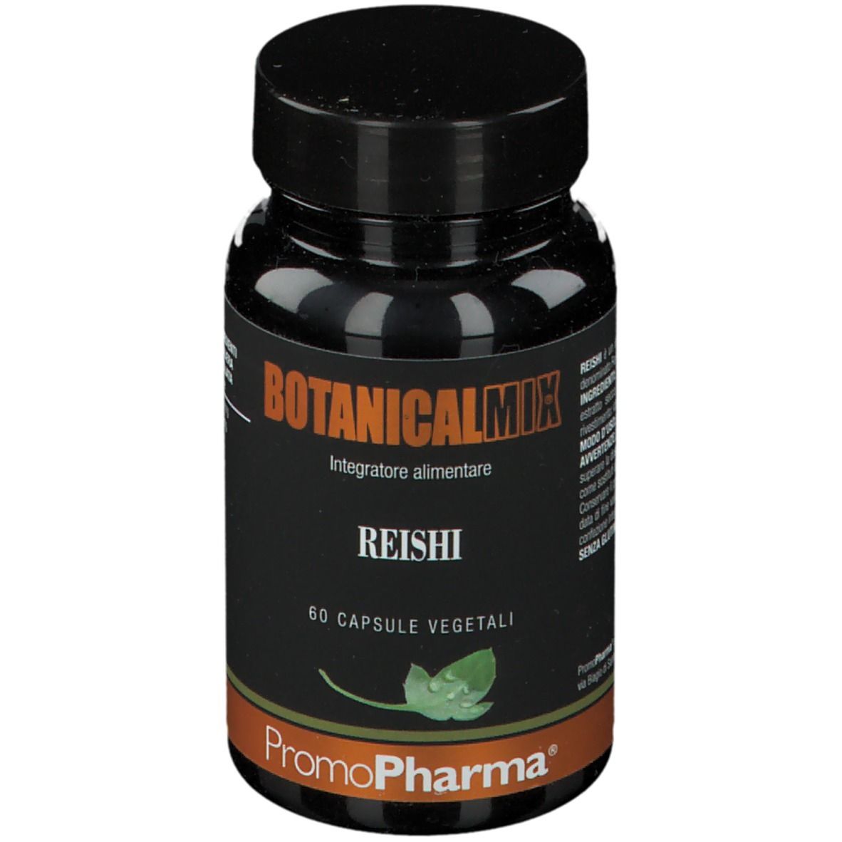 Flacone nero con scritta: Botanical Mix Reishi, 60 capsule vegetali. Marca: PromoPharma. Coperchio nero.