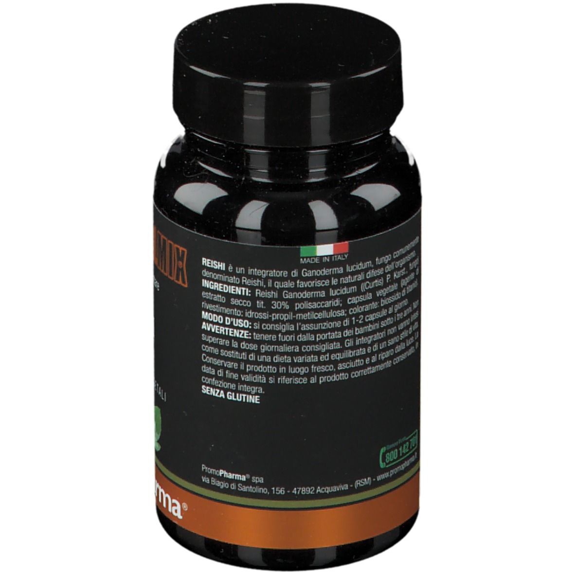 Retro di un flacone nero. Testo: Botanical Mix Reishi, ingredienti, modo d'uso. Marca: PromoPharma. Prodotto in Italia.