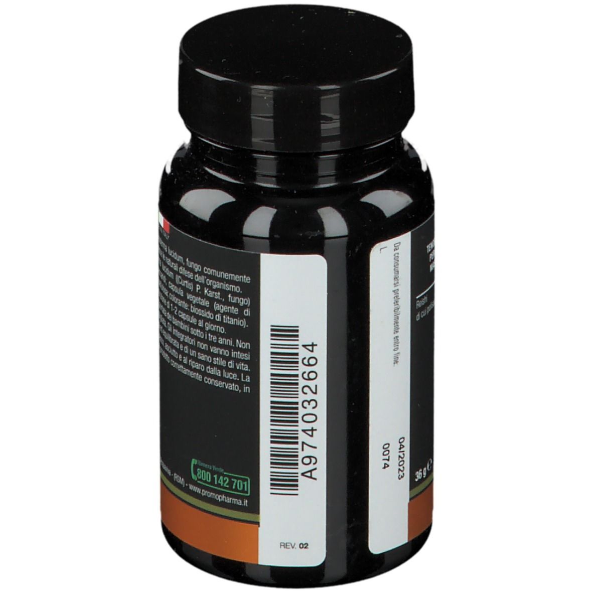 Retro di un flacone nero. Codice a barre e numero di lotto. Marca: PromoPharma. Prodotto in Italia. Scadenza.