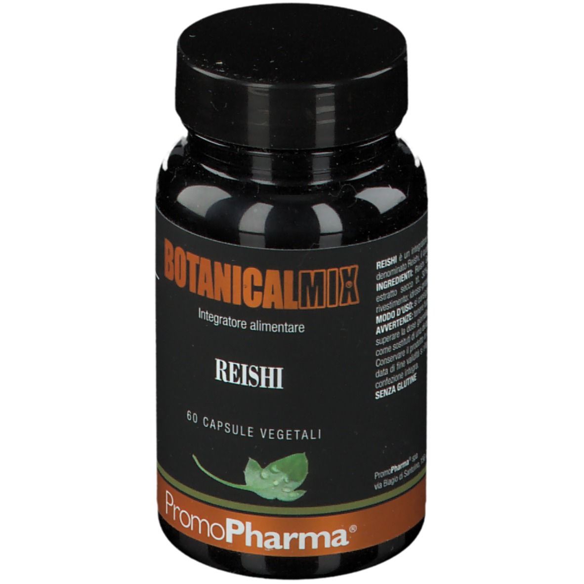 Flacone nero con scritta: Botanical Mix Reishi, 60 capsule vegetali. Marca: PromoPharma. Coperchio nero.