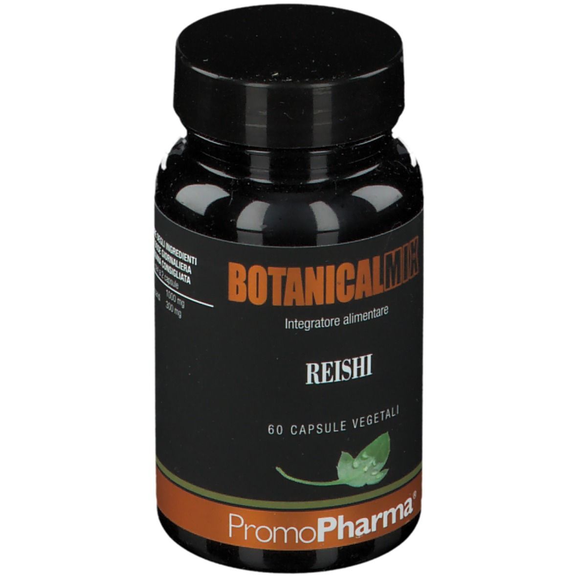 Flacone nero con scritta: Botanical Mix Reishi, 60 capsule vegetali. Marca: PromoPharma. Coperchio nero. Ingredienti.