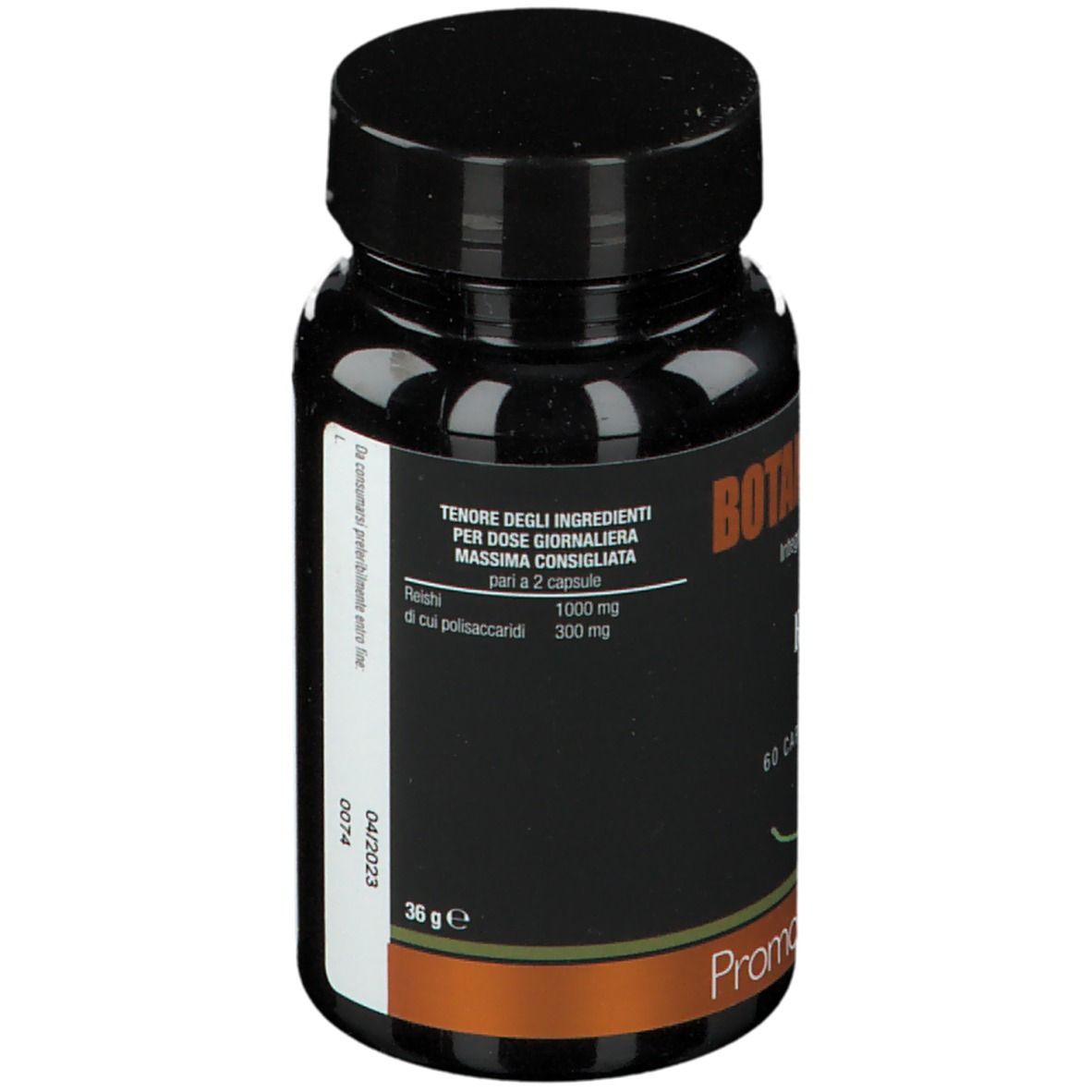Flacone nero con scritta: Botanical Mix Reishi, 60 capsule vegetali. Marca: PromoPharma. Coperchio nero. Ingredienti.
