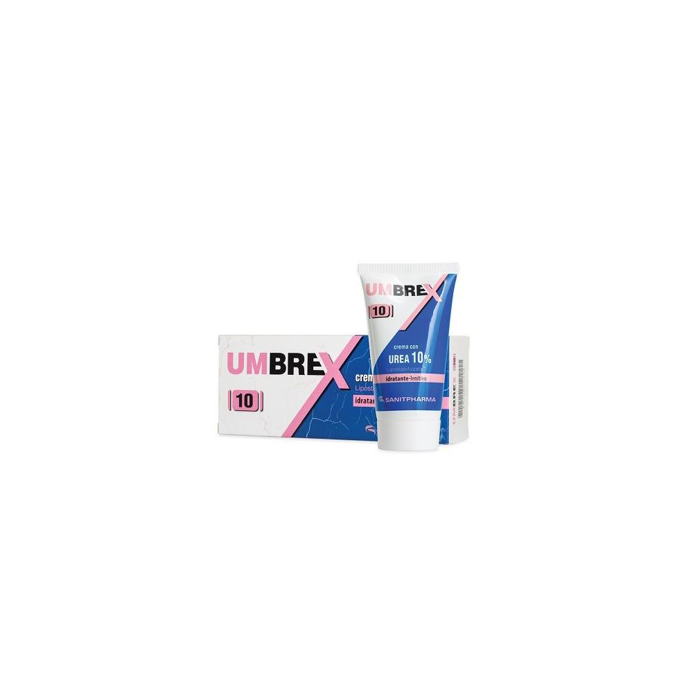 Tubo e scatola di crema. Scritta: Umbrex 10, Urea 10%. Con elementi blu e rosa.