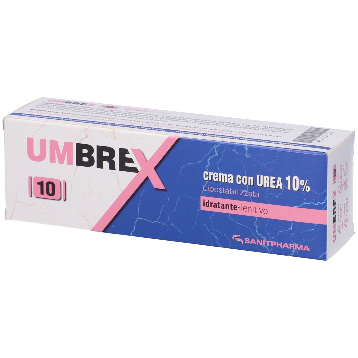 Scatola con scritta Umbrex 10. Elementi blu e rosa. Testo: crema con UREA 10%, idratante-lenitivo.