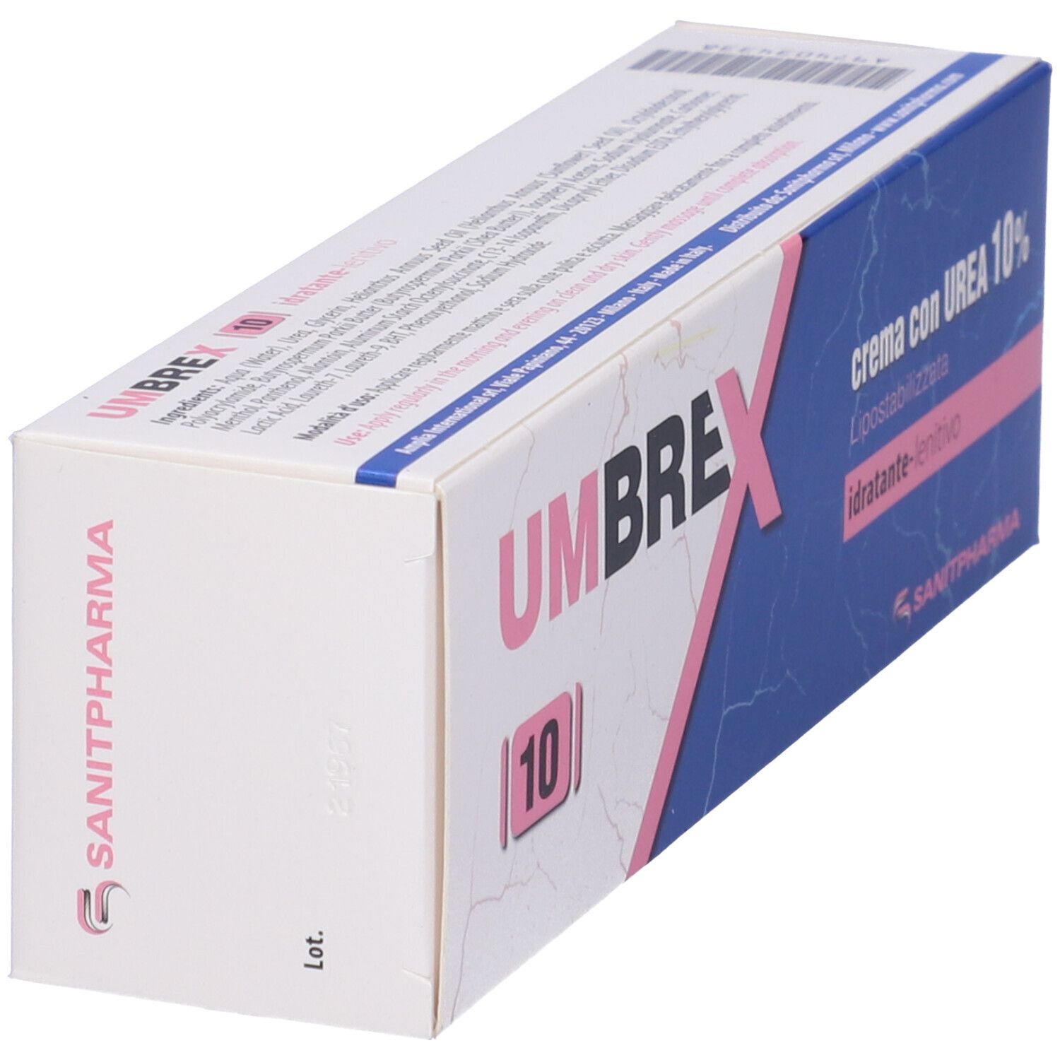 Scatola con scritta Umbrex 10. Elementi blu e rosa. Testo: crema con UREA 10%, idratante-lenitivo. Logo Sanipharm.