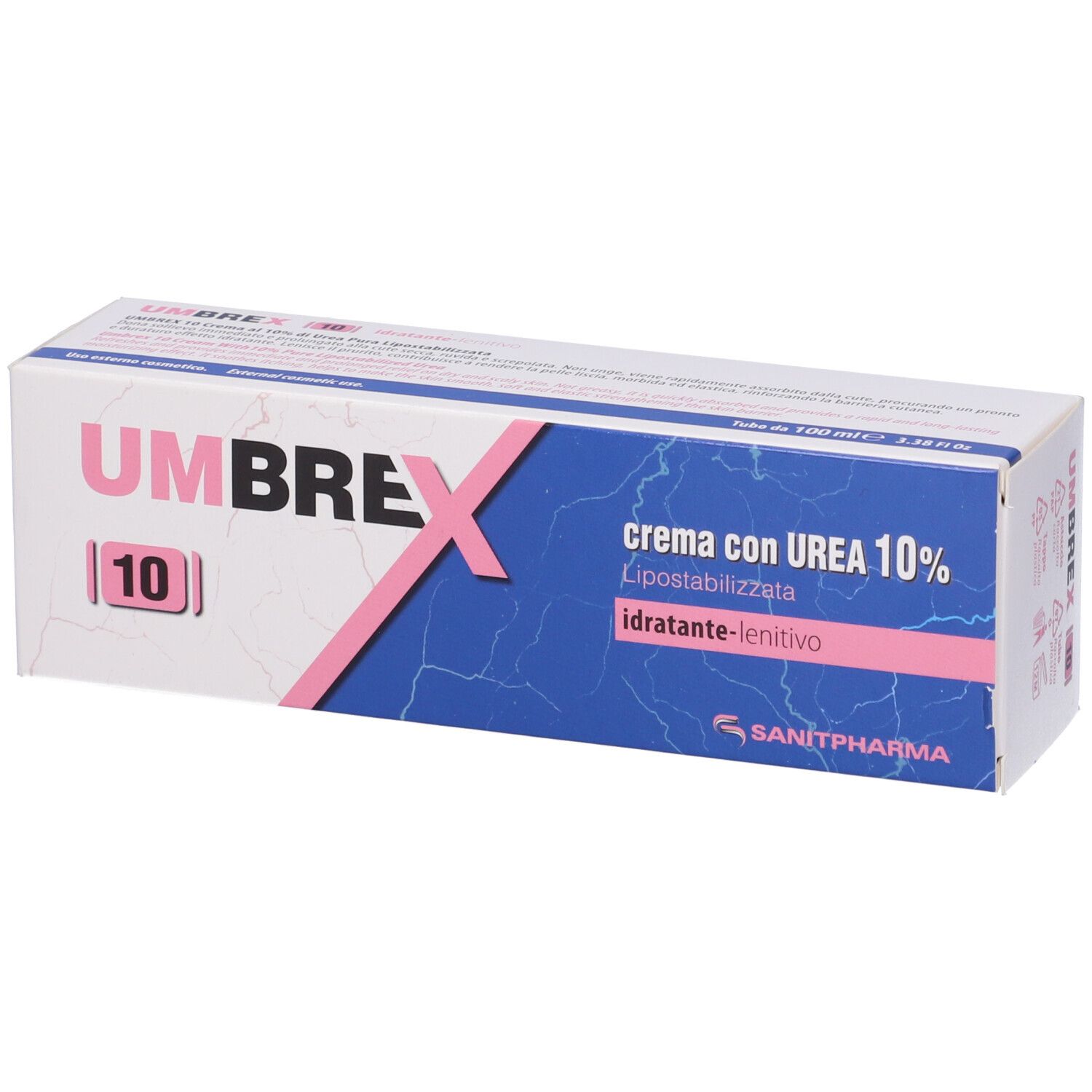 Scatola con scritta Umbrex 10. Elementi blu e rosa. Testo: crema con UREA 10%, idratante-lenitivo. Logo Sanipharm.