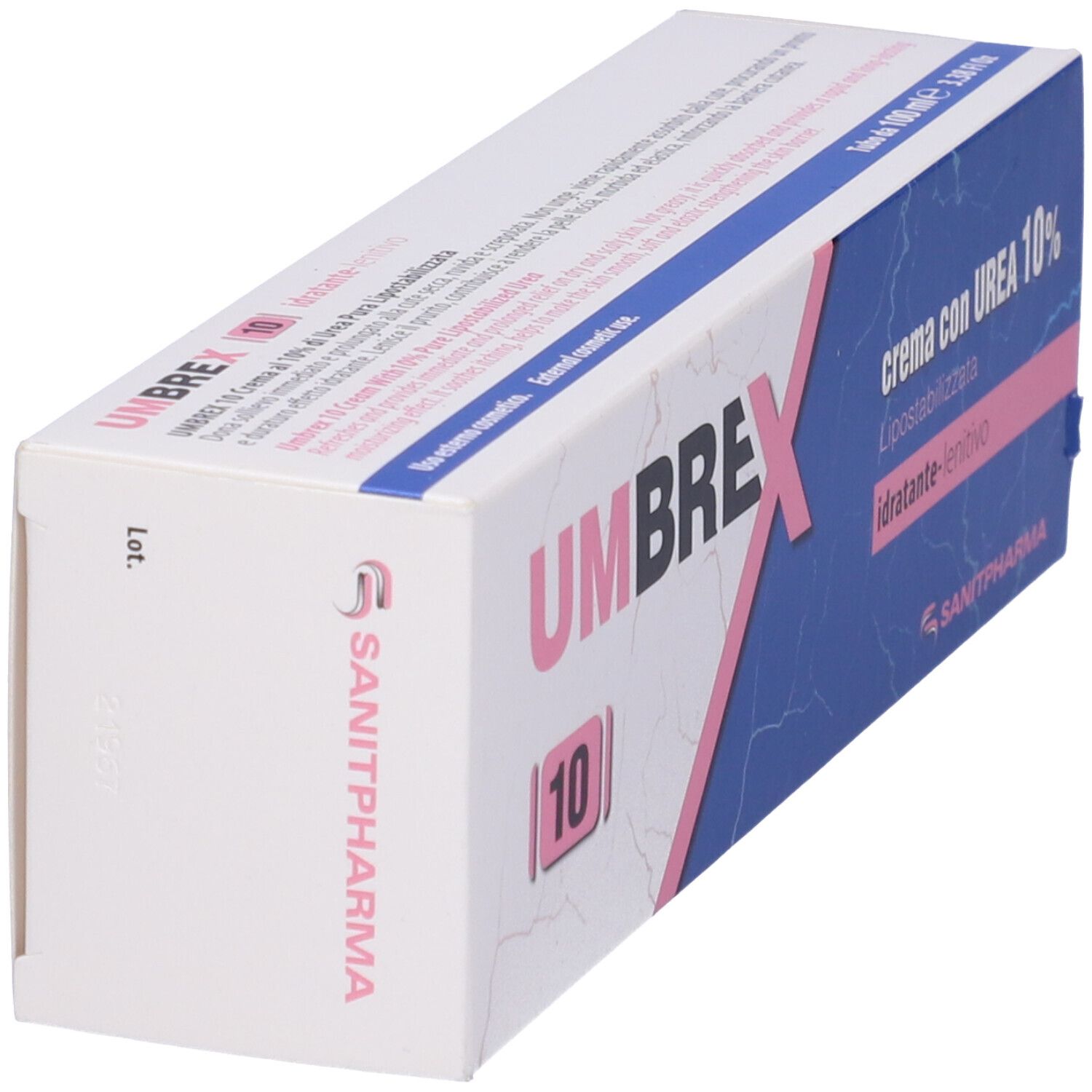 Scatola con scritta Umbrex 10. Elementi blu e rosa. Testo: crema con UREA 10%, idratante-lenitivo. Logo Sanipharm.