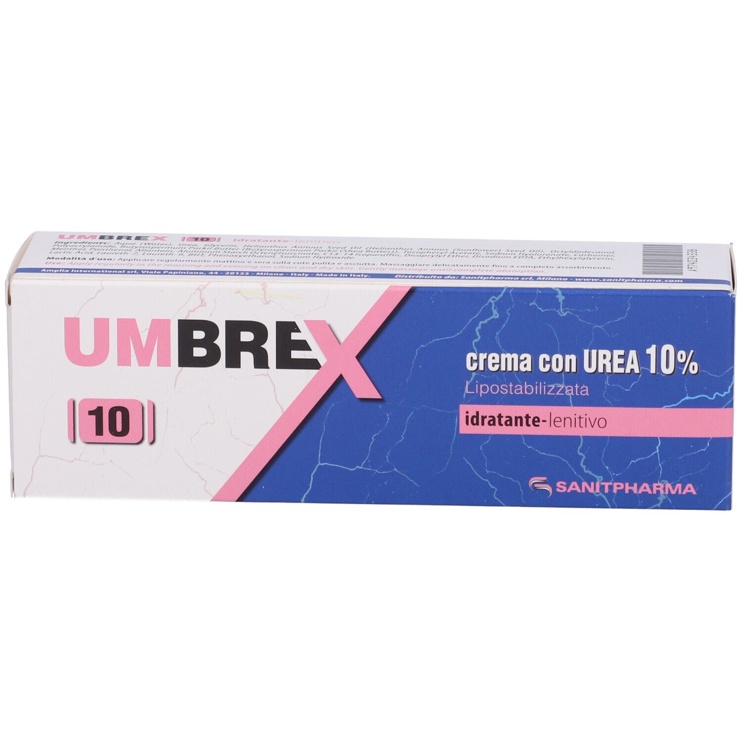 Scatola con scritta Umbrex 10. Elementi blu e rosa. Testo: crema con UREA 10%, idratante-lenitivo. Logo Sanipharm.