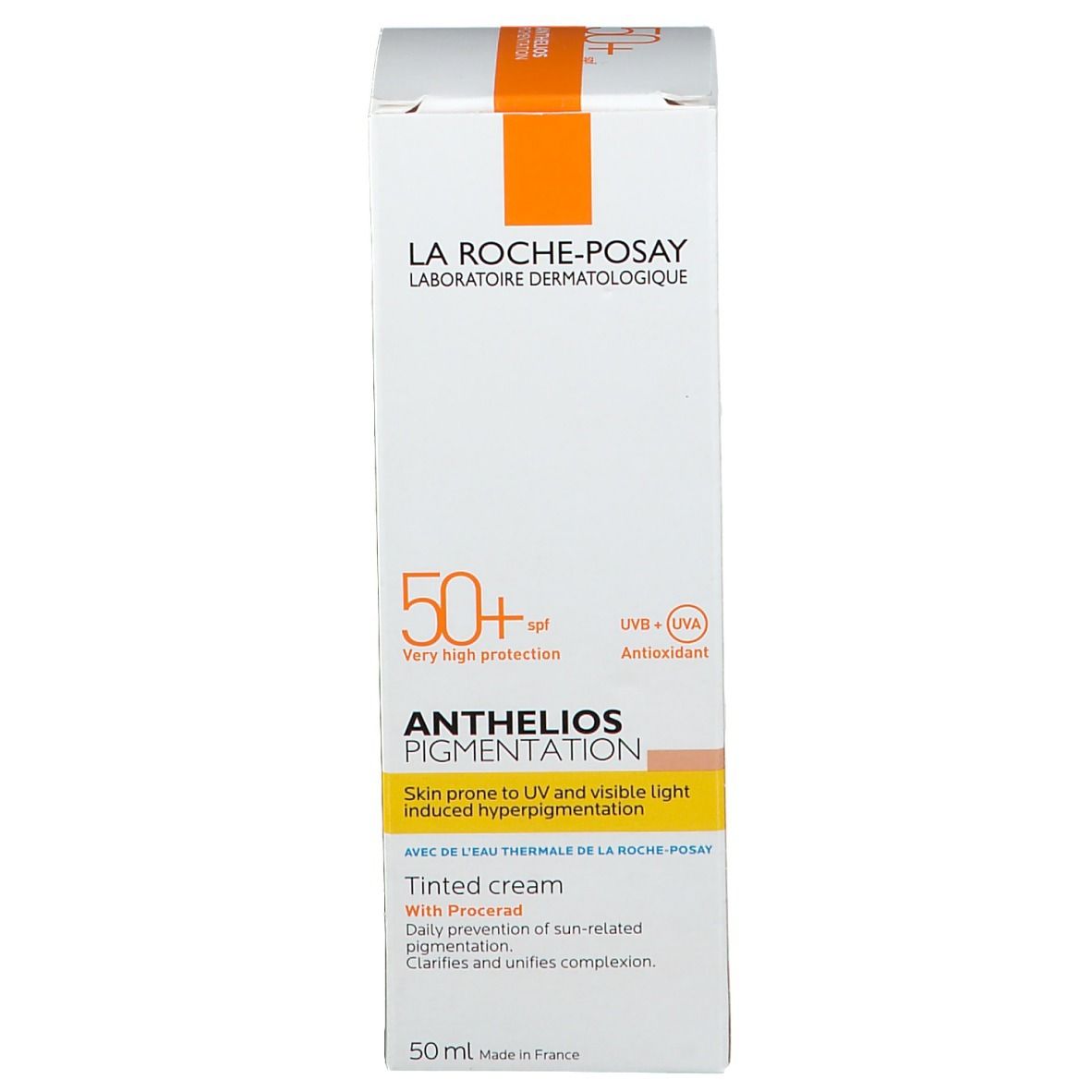 Confezione in cartone. Scritta: La Roche-Posay, Anthelios Pigmentation SPF 50+. Crema colorata. Con Procerad.