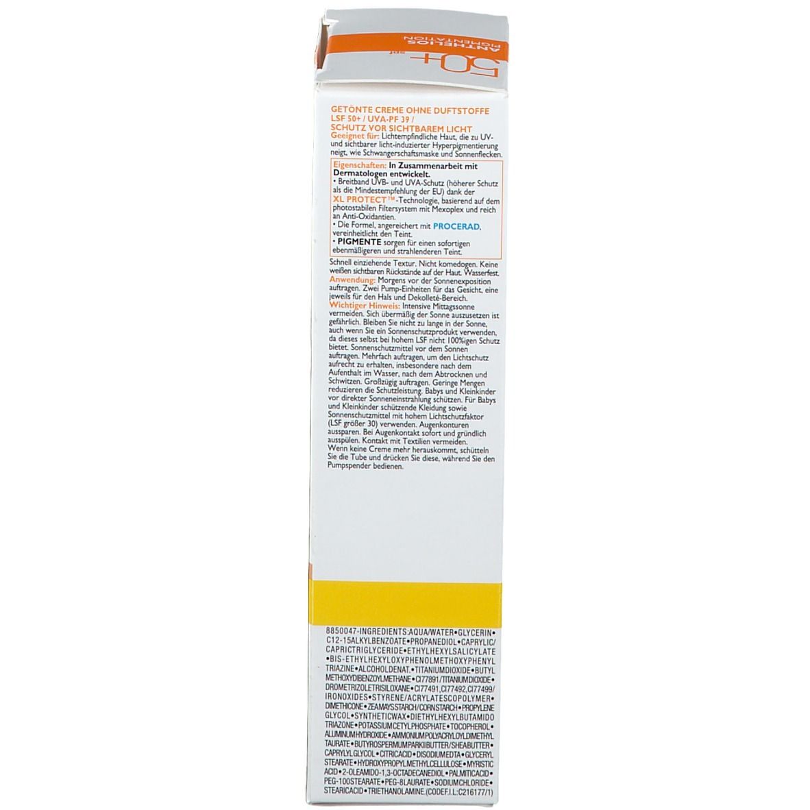 Confezione in cartone. Scritta: La Roche-Posay, Anthelios Pigmentation SPF 50+. Testo e ingredienti.