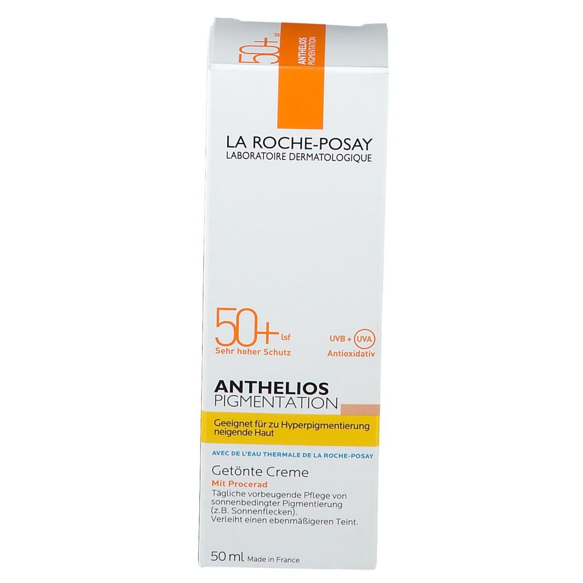 Confezione in cartone. Scritta: La Roche-Posay, Anthelios Pigmentation SPF 50+. Crema colorata. Adatto a pelli iperpigmentate.