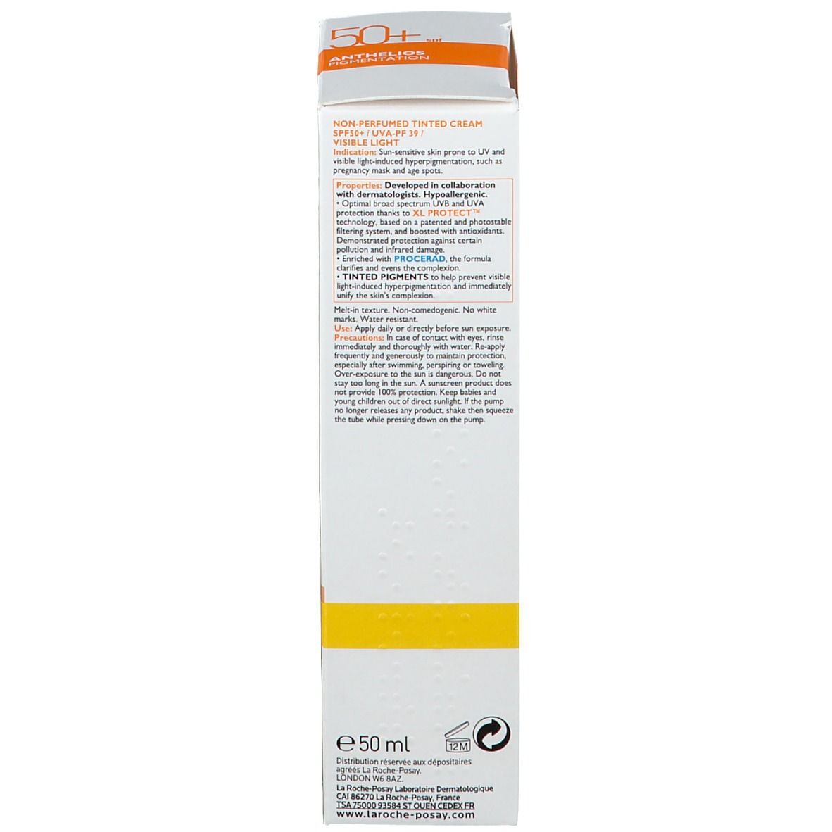 Confezione in cartone. Scritta: La Roche-Posay, Anthelios Pigmentation SPF 50+. Non profumato. 50 ml.