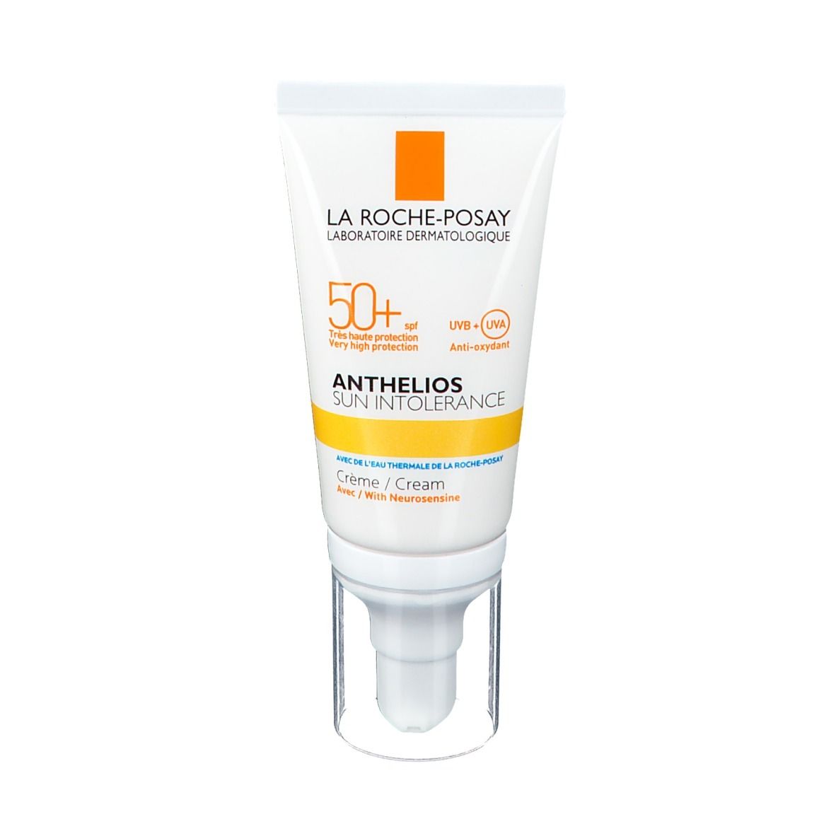 Weiße Tube mit gelbem Streifen. Aufschrift: ANTHELIOS SUN INTOLERANCE LSF 50+. Marke La Roche-Posay.