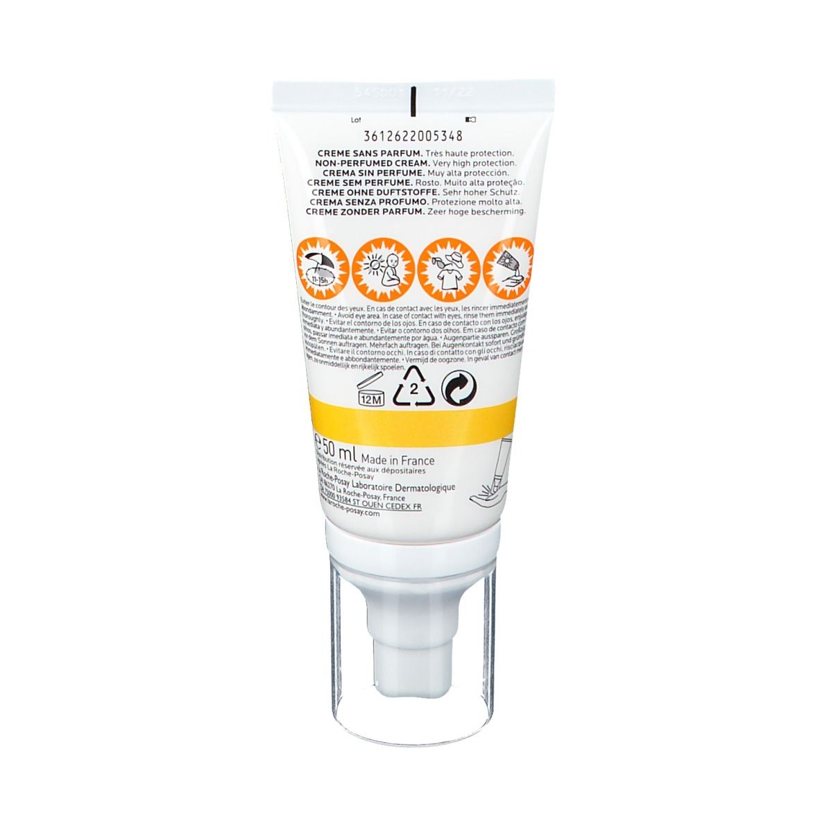 Rückseite der Tube. Text: Creme ohne Parfum. Piktogramme. Inhaltsstoffe. 50 ml. Hergestellt in Frankreich.