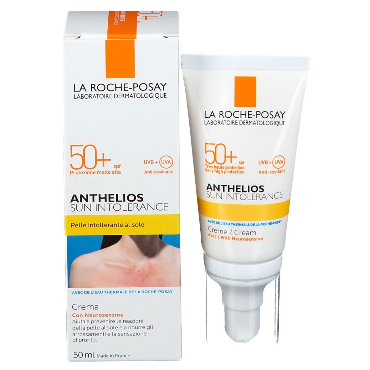 Produktverpackung und Tube. Verpackung: weißer Karton mit orangefarbenem Akzent. Tube: ANTHELIOS SUN INTOLERANCE LSF 50+.
