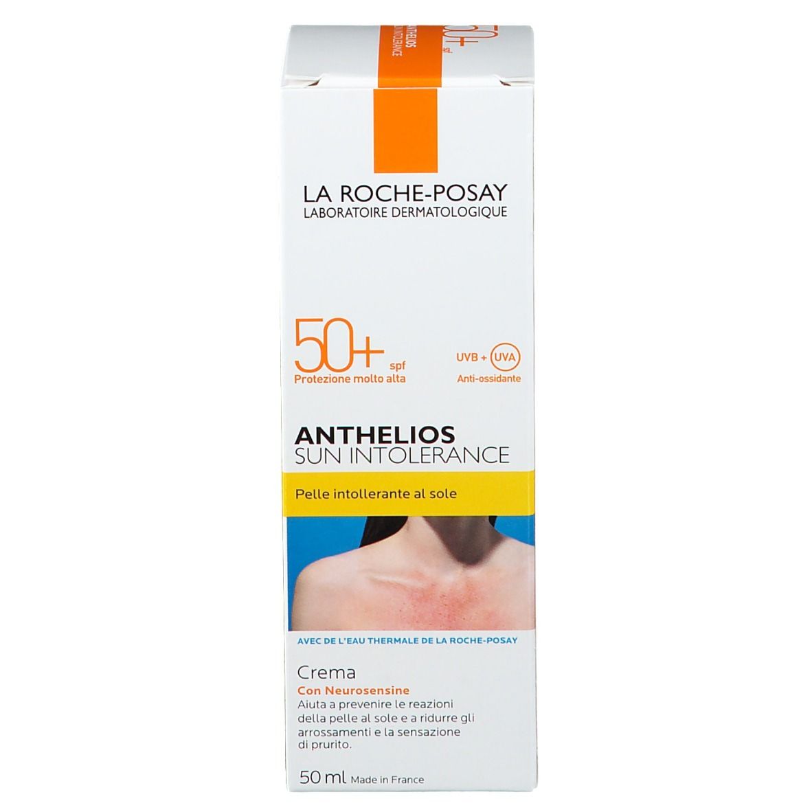Produktverpackung. Weißer Karton mit orangefarbenem Akzent. Aufschrift: ANTHELIOS SUN INTOLERANCE LSF 50+.