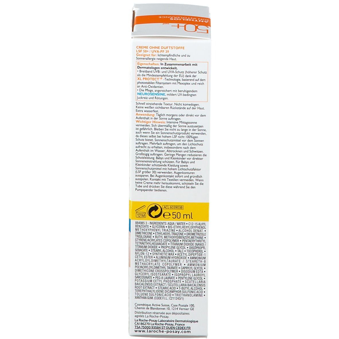 Rückseite der Produktverpackung. Text: Creme ohne Parfum. Inhaltsstoffe. 50 ml. Hergestellt in Frankreich. Piktogramme.
