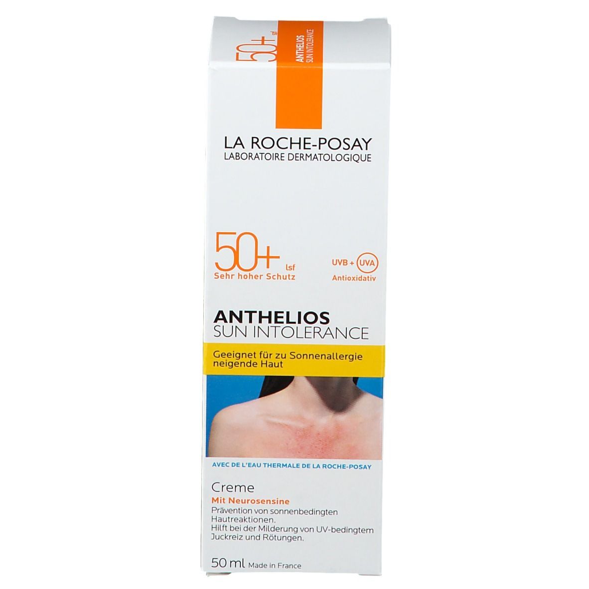 Produktverpackung. Weißer Karton mit orangefarbenem Akzent. Aufschrift: ANTHELIOS SUN INTOLERANCE LSF 50+.