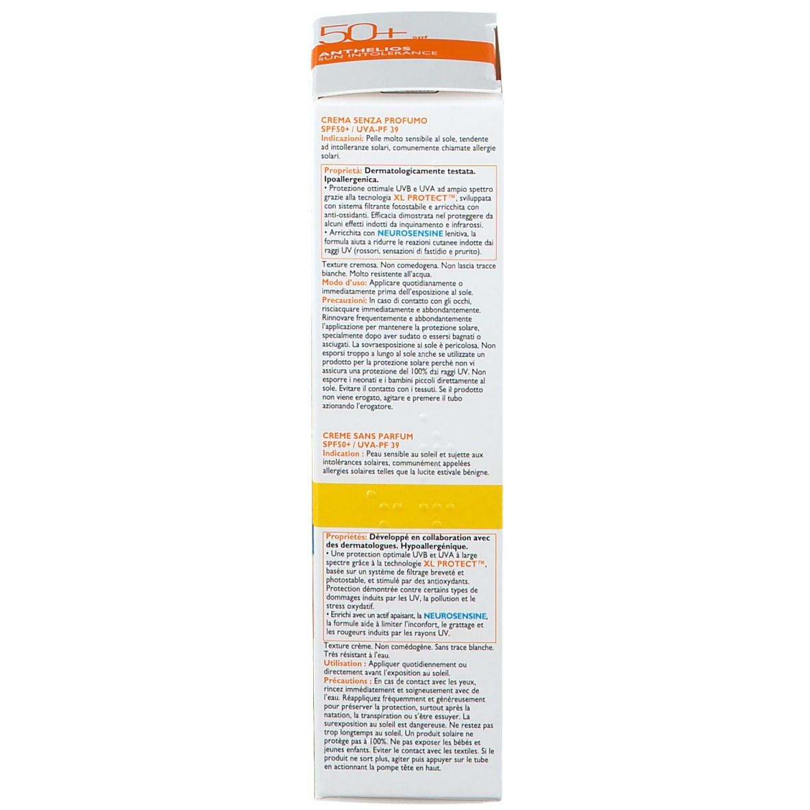 Rückseite der Produktverpackung. Text: Creme ohne Parfum. Inhaltsstoffe. 50 ml. Hergestellt in Frankreich. Piktogramme.