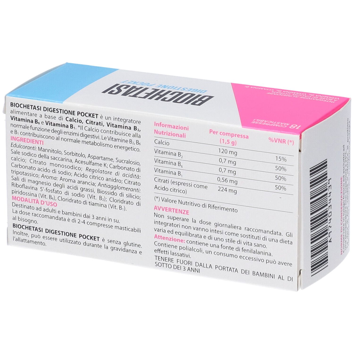 Rückseite der Schachtel Biochetasi Pocket. Nährwerttabelle und Inhaltsstoffe.