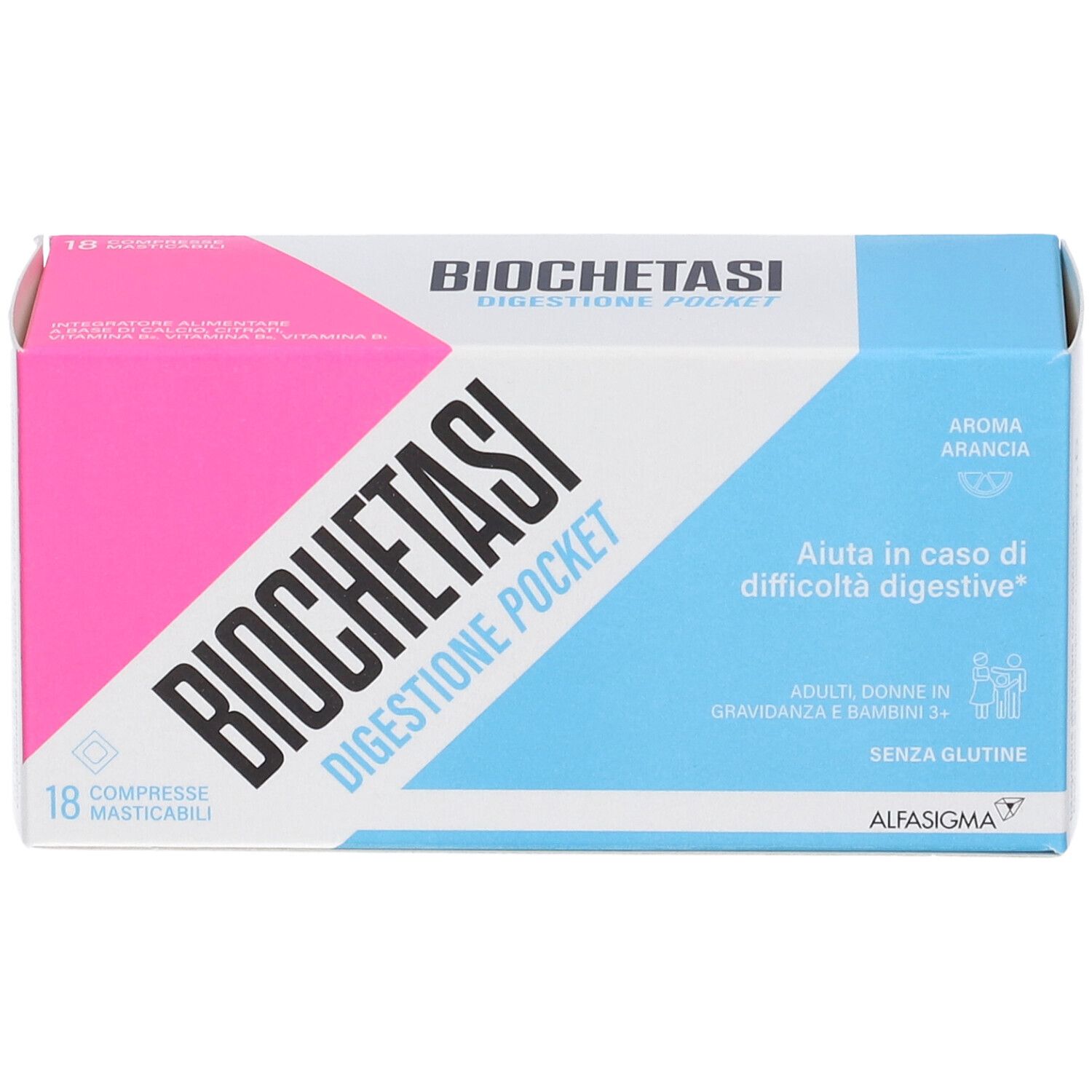 Schachtel Biochetasi Pocket. 18 Kautabletten. Rosa, blau und weiß. Text: Verdauung.