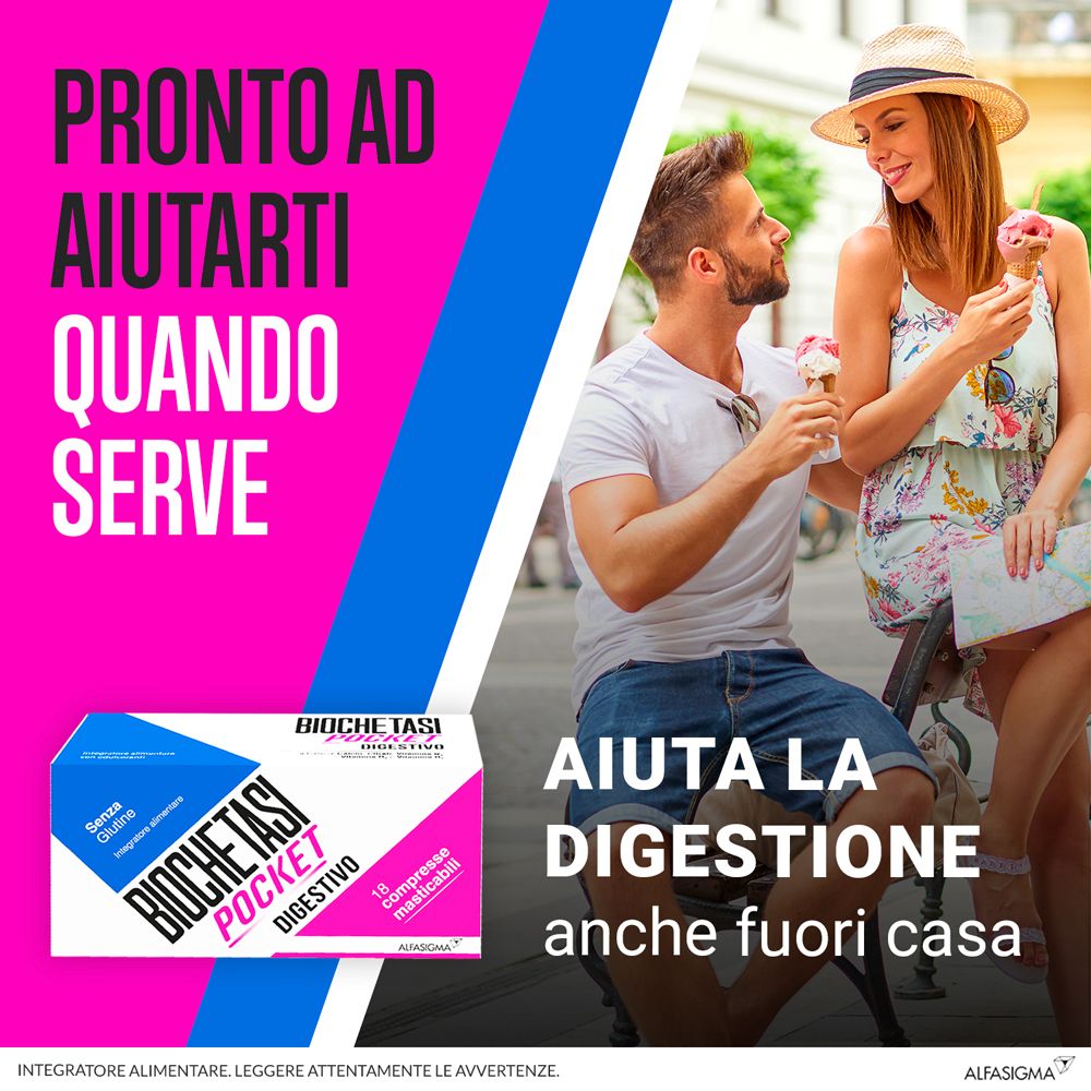Werbung mit Biochetasi Pocket. Paar isst Eis. Text: Hilft bei der Verdauung auch unterwegs.