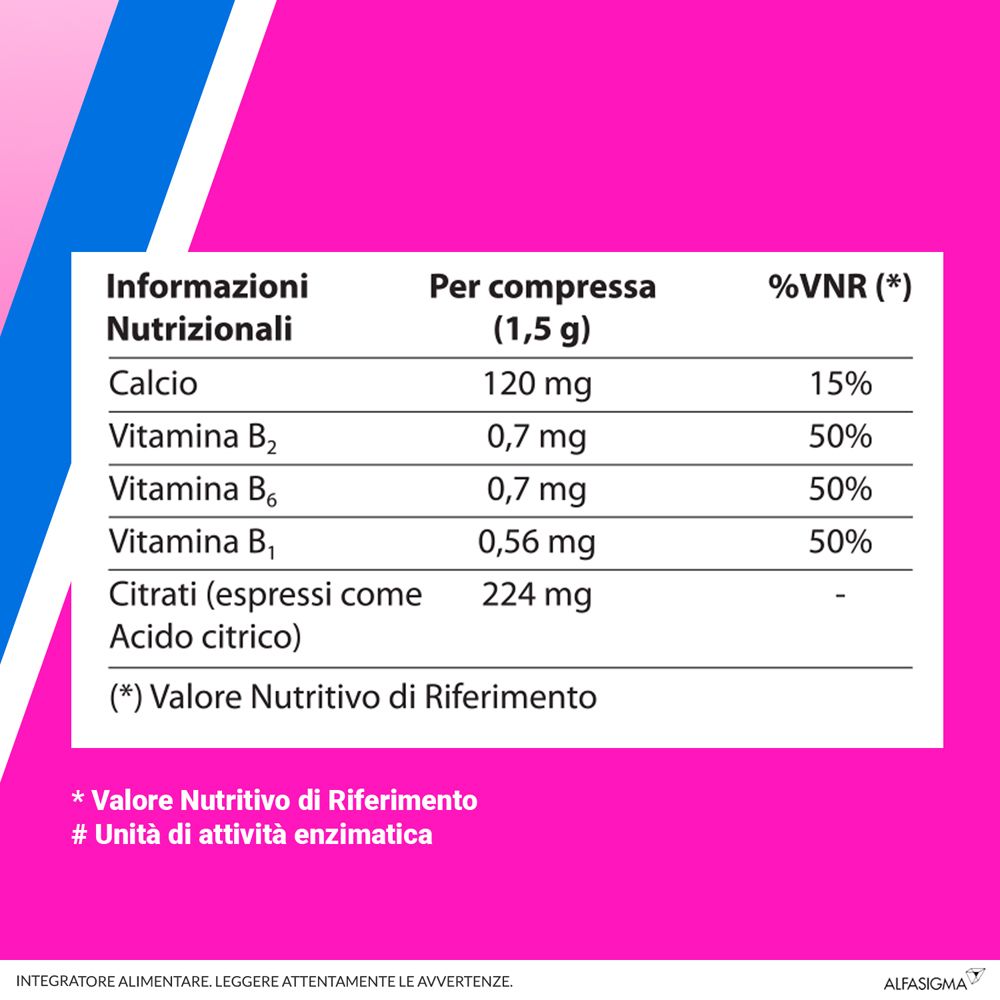 Nährwerttabelle für Biochetasi Pocket. Enthält Calcium, Vitamin B2, B6, B1 und Citrate.