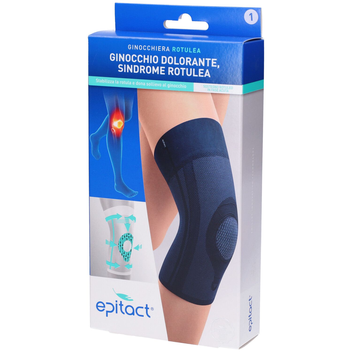 Confezione Epitact Ginocchiera Rotulea. Scatola blu con ginocchiera. Testo: Ginocchiera Rotulea, Epitact.