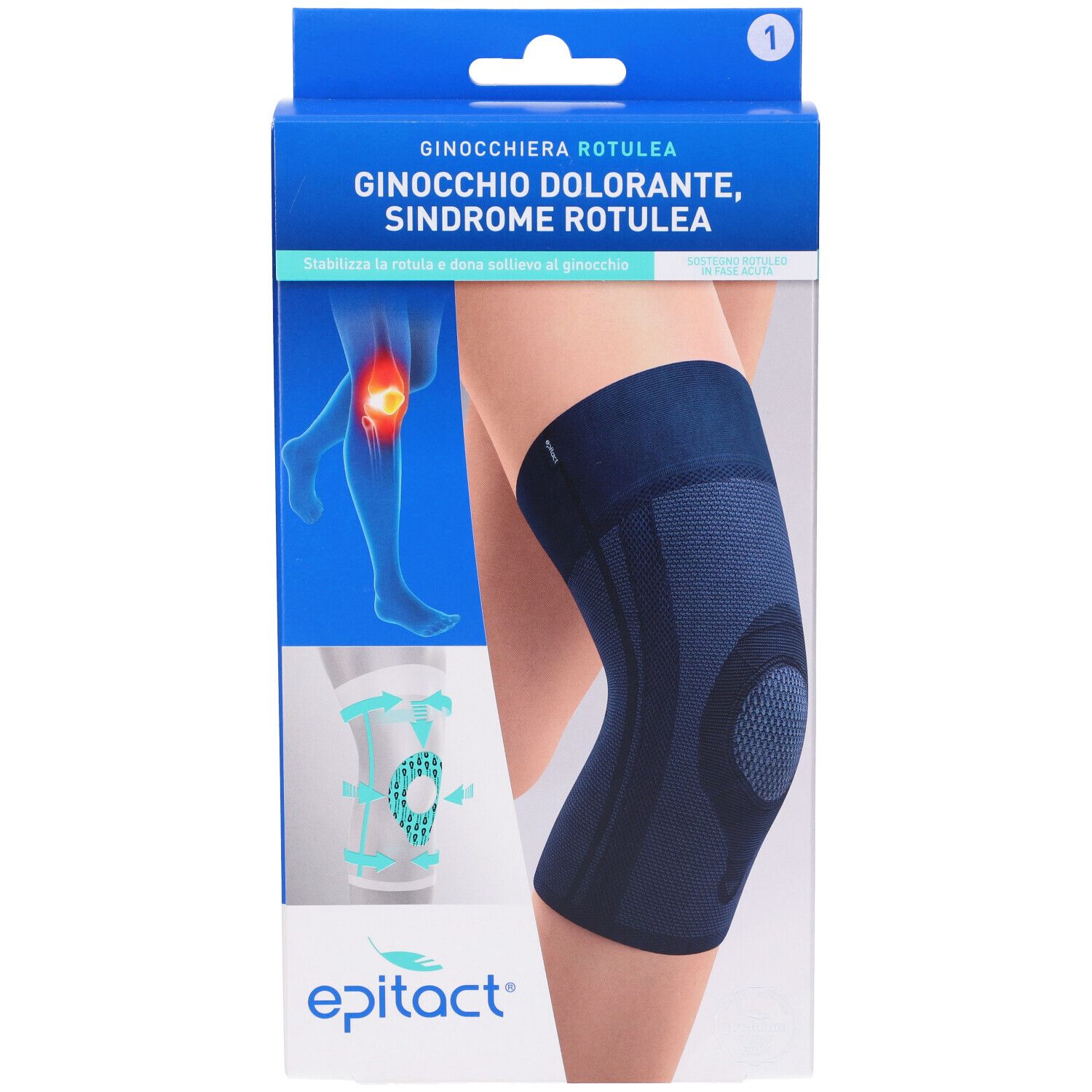 Epitact Ginocchiera Rotulea nella confezione. Ginocchiera blu su gamba. Testo: Epitact, Ginocchiera Rotulea.